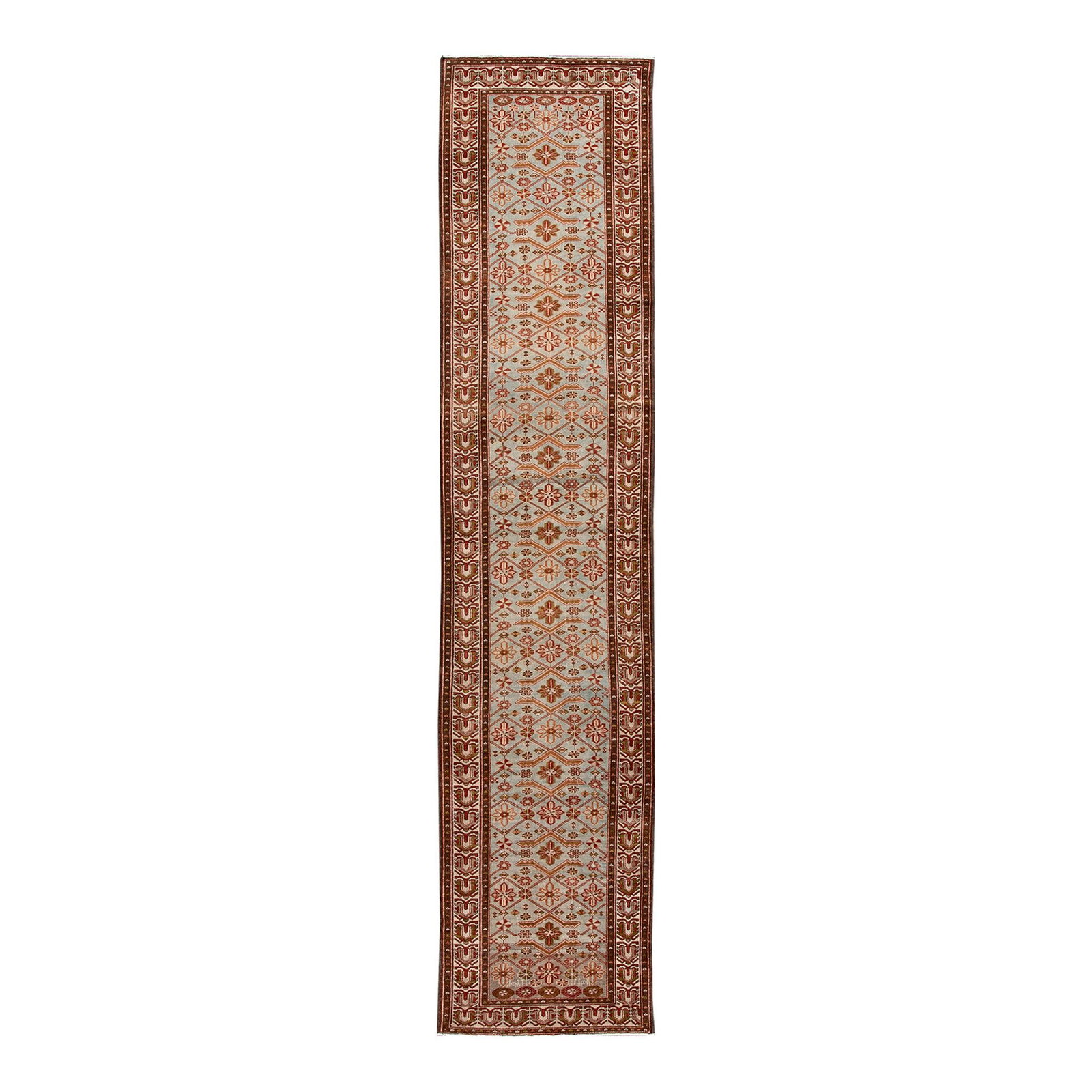 Antique Malayer Hand-Knotted Wool Rug Gray Floral Design 3'5 x 16'3: Antique Malayer Hand-Knotted Wool Rug Gray Floral Design 3'5 x 16'3 This vintage Malayer handmade wool runner showcases a stunning all-over floral design featuring accents in brown, peach, and red aga