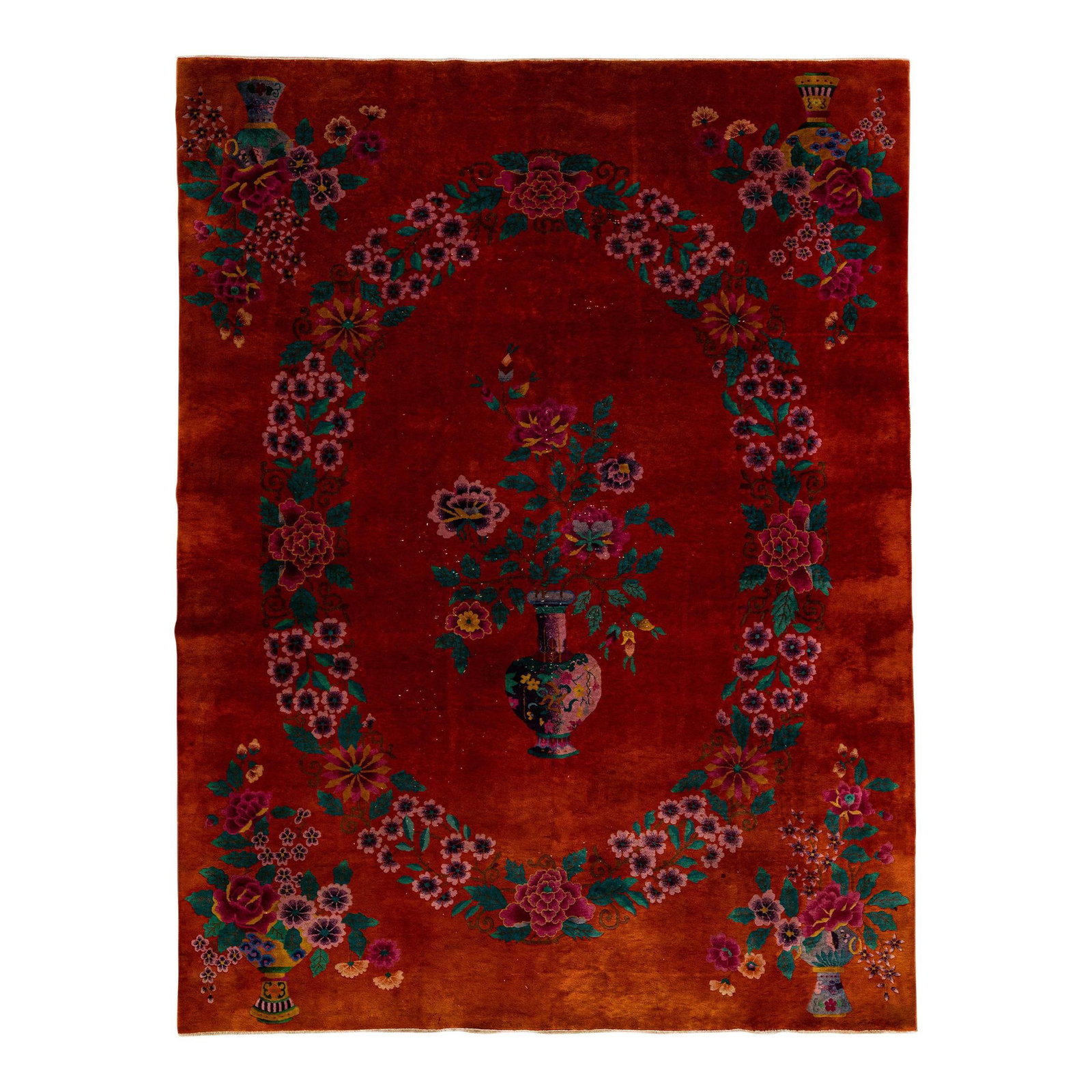 Antique Art Deco Chinese Wool Rug 8'9 x 11'7 Floral Design Red (1 of 10)