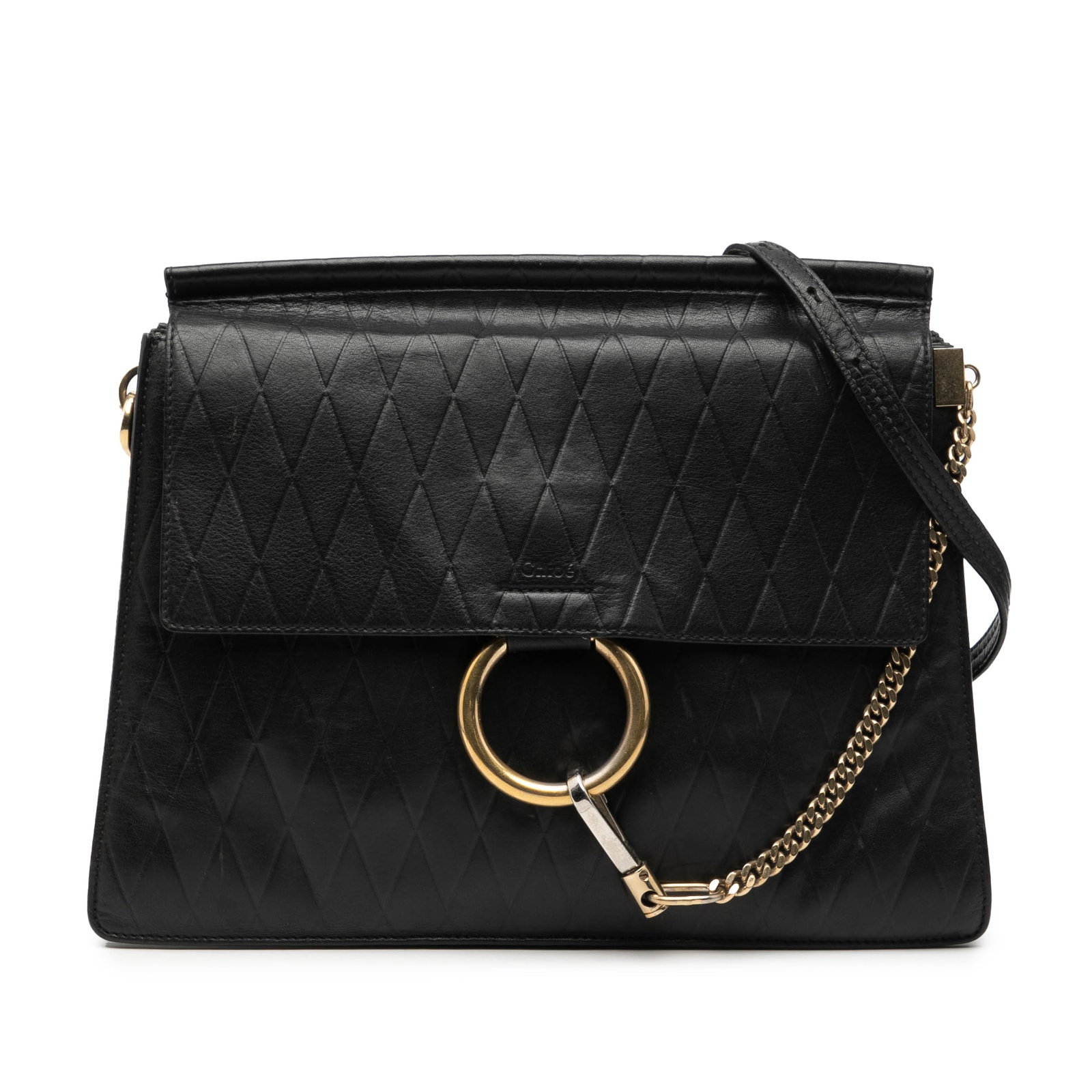 Chloe Faye Medium Quilted Leather Shoulder Bag with Embossed Diamond Pattern: Chloe Faye Medium Quilted Leather Shoulder Bag with Embossed Diamond Pattern This Chloe Medium Diamond Embossed Calfskin Faye Shoulder Bag showcases a quilted leather construction in black, complement
