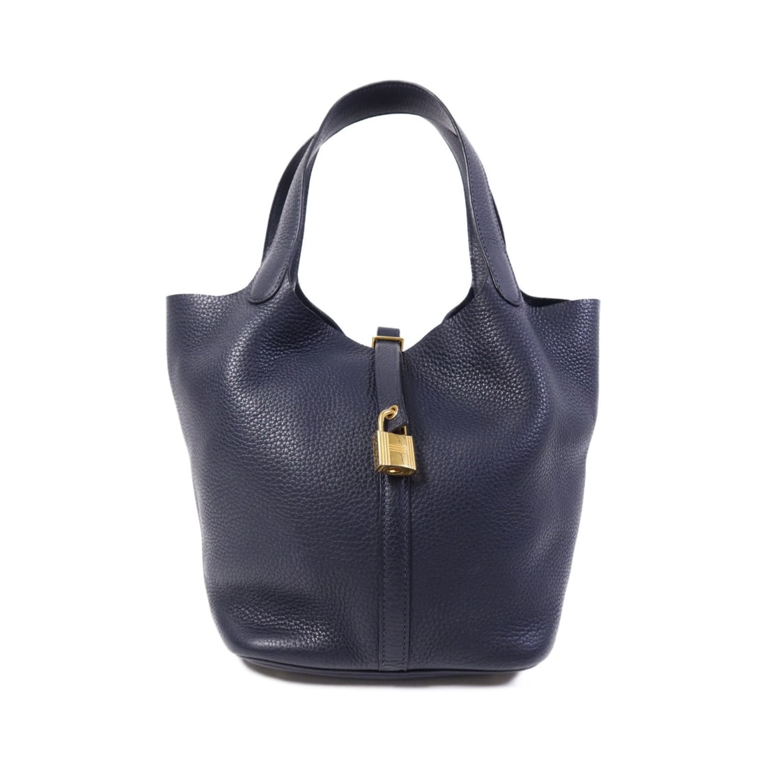 Hermes Picotin MM Navy Clemence Leather Tote with Gold Hardware: Hermes Picotin MM Navy Clemence Leather Tote with Gold Hardware This Hermes Picotin MM is a women's handbag crafted from Clemence calfskin leather in a navy color. The bag features a bucket tote desig