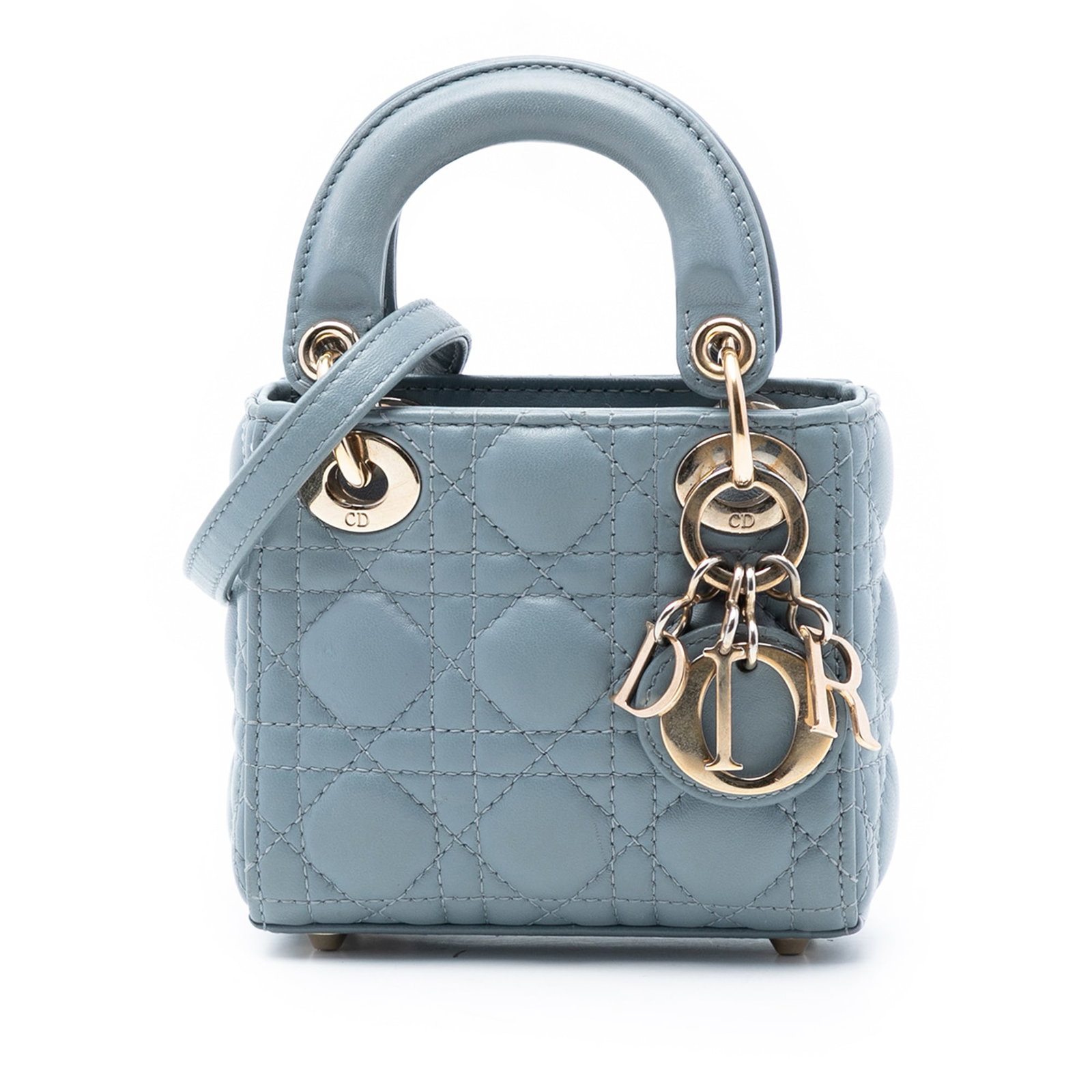 Dior Lady Dior Micro Blue Quilted Lambskin Shoulder Bag with Top Handles: Dior Lady Dior Micro Blue Quilted Lambskin Shoulder Bag with Top Handles This Micro Lady Dior bag features a quilted lambskin leather exterior in blue, flat leather top handles, a detachable flat leat