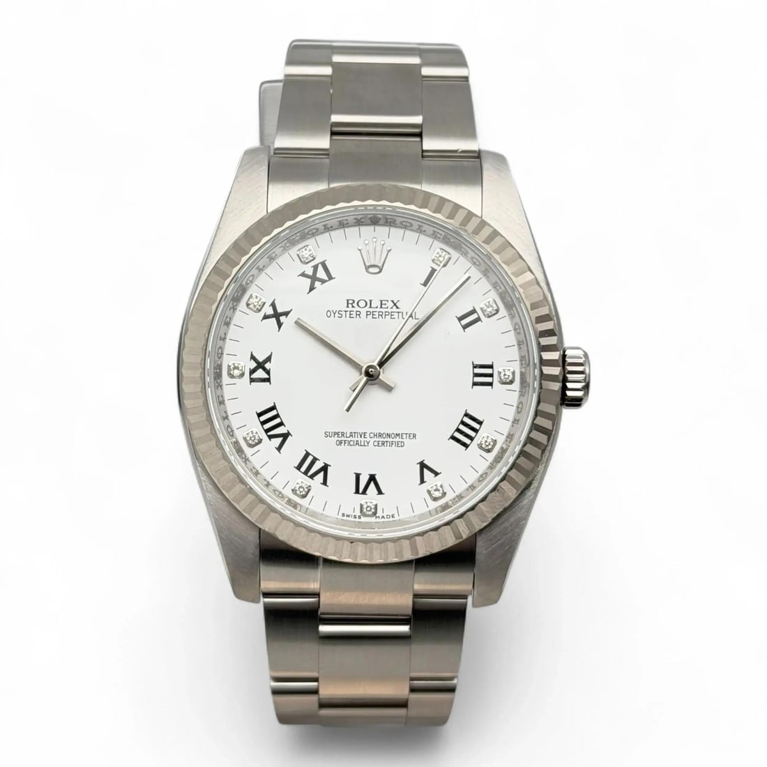 Oyster Perpetual 36mm Men's Watch Diamond White Dial 18K White Gold Steel: Oyster Perpetual 36mm Men's Watch Diamond White Dial 18K White Gold Steel This Rolex Oyster Perpetual wristwatch features a 36mm polished stainless steel case with an 18K white gold fluted fixed bezel