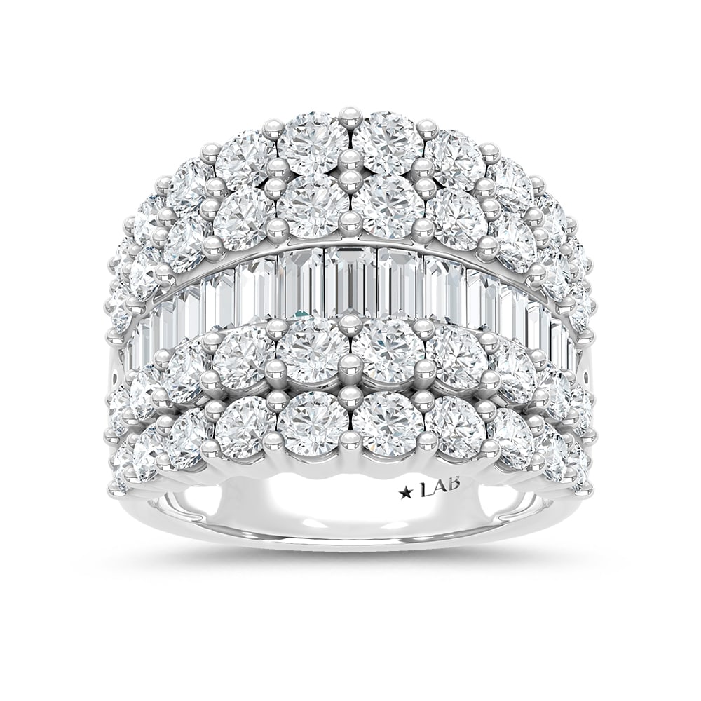 14K White Gold Lab Grown Diamond 4 Ct.Tw. Round and Baguette Fashion Ring: 14K White Gold Lab Grown Diamond 4 Ct.Tw. Round and Baguette Fashion Ring Designed in polished 14K white gold, this fashion ring features round and baguette lab grown diamonds totaling 4 Ct.Tw. 14k Wh