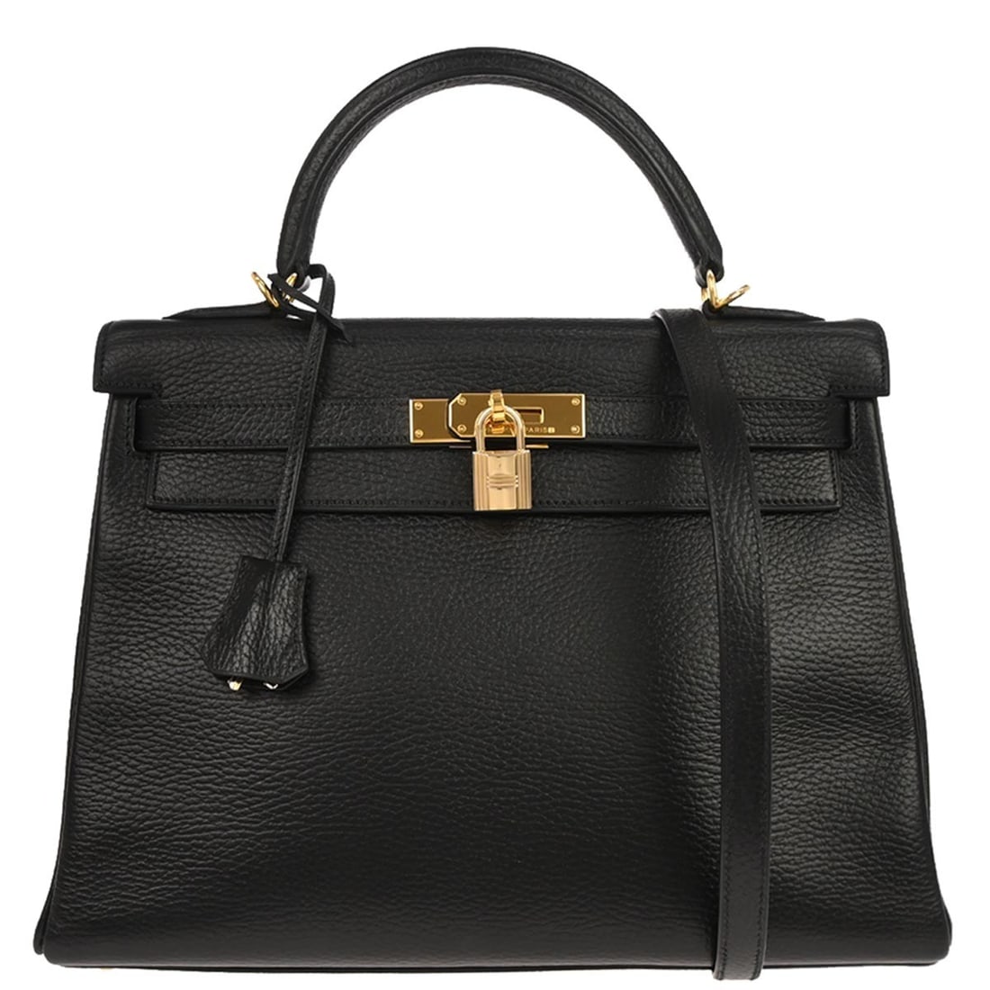 Kelly 32 Black Leather Medium Satchel with Detachable Strap by Hermes: Kelly 32 Black Leather Medium Satchel with Detachable Strap by Hermes This Hermes Kelly 32 Retourne 2-way handbag is crafted from black Ardennes leather with a medium-sized silhouette. The bag feature