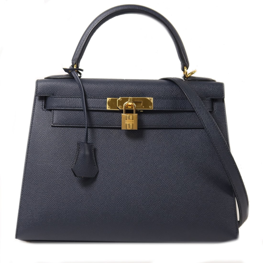 Hermes Kelly 28 Navy Veau Epsom Leather Gold Hardware Two Way Bag: Hermes Kelly 28 Navy Veau Epsom Leather Gold Hardware Two Way Bag This Hermes Kelly 28 is a sophisticated 2-way shoulder bag crafted from Veau Epsom calfskin leather in a blue indigo (navy) hue. Desig