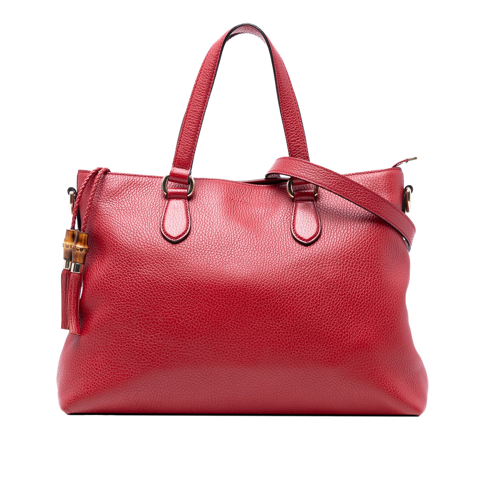 Gucci Red Leather Bamboo Tassel Satchel with Repainted Handles: Gucci Red Leather Bamboo Tassel Satchel with Repainted Handles This Gucci Leather Bamboo Tassel Satchel is a stylish and practical accessory crafted from high-quality leather. It features flat leather