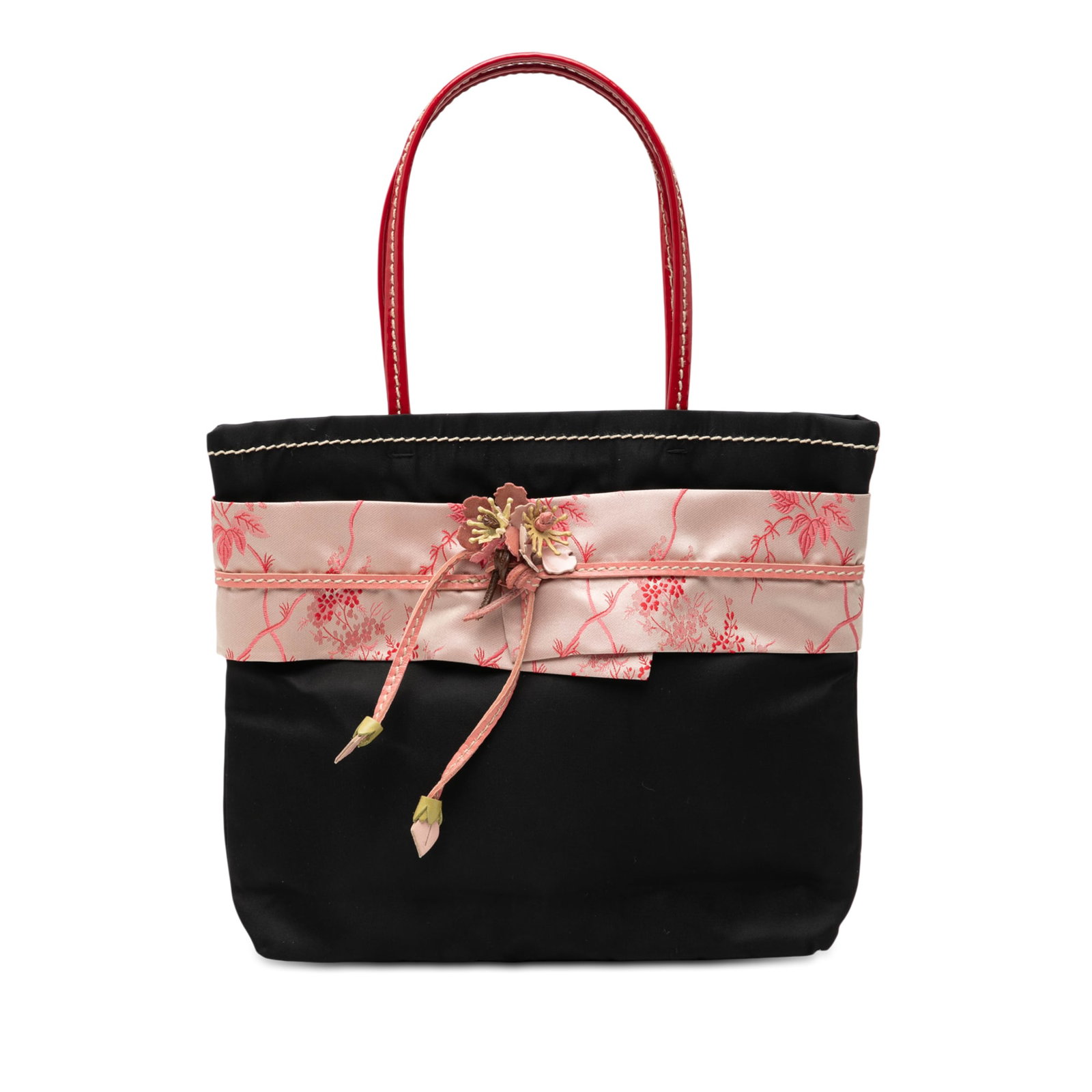 Prada Tessuto Kimono Obi Black Nylon Tote Bag: Prada Tessuto Kimono Obi Black Nylon Tote Bag This Prada Tessuto Kimono Obi Handbag features a black nylon body with flat handles, an open top with a snap closure, and an interior slip pocket. The bag