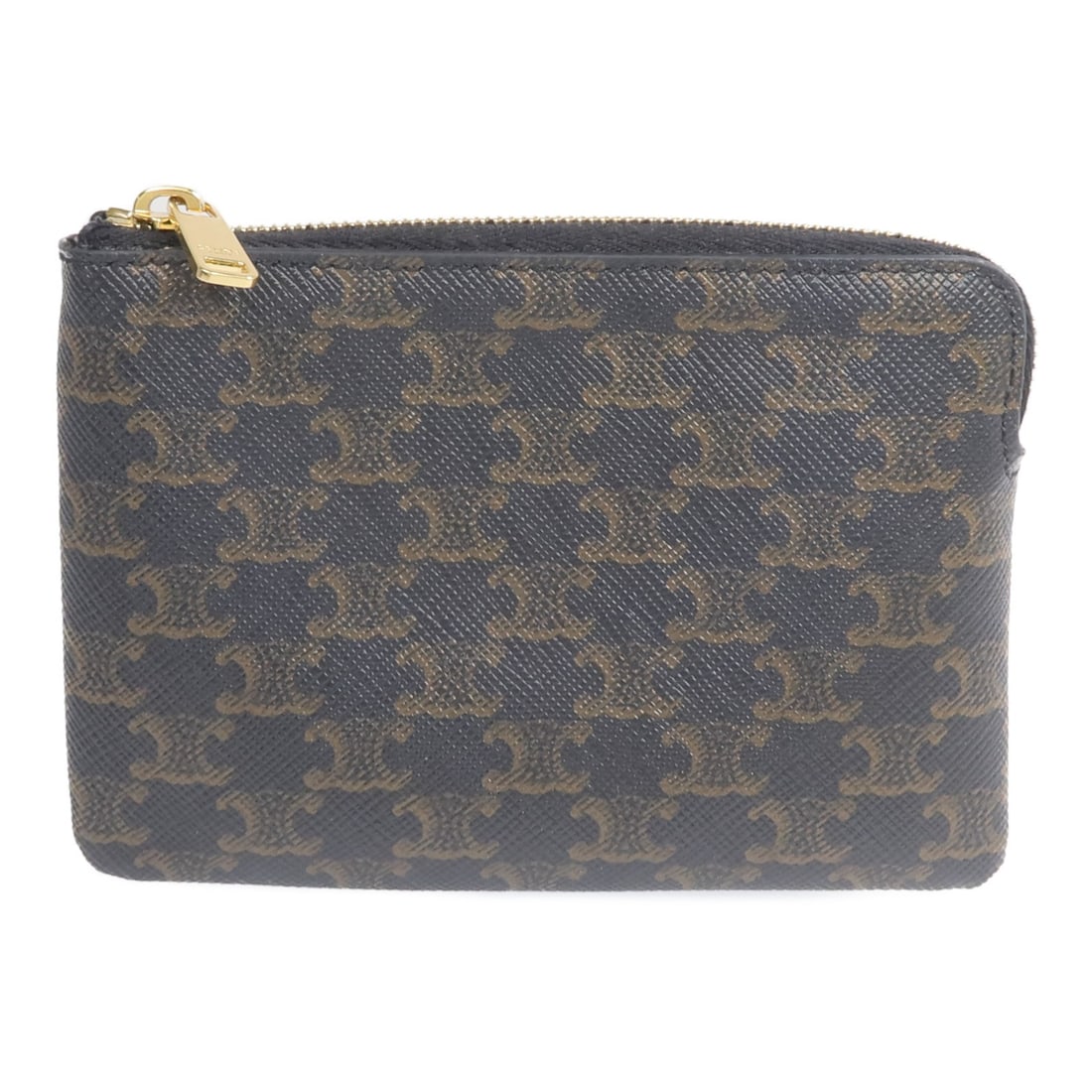 Celine Black Coated Canvas L-Shaped Zipper Wallet with Gold Hardware: Celine Black Coated Canvas L-Shaped Zipper Wallet with Gold Hardware This CELINE L-shaped zipper wallet is crafted from PVC coated canvas in black with brown accents. Designed for both coins and cards