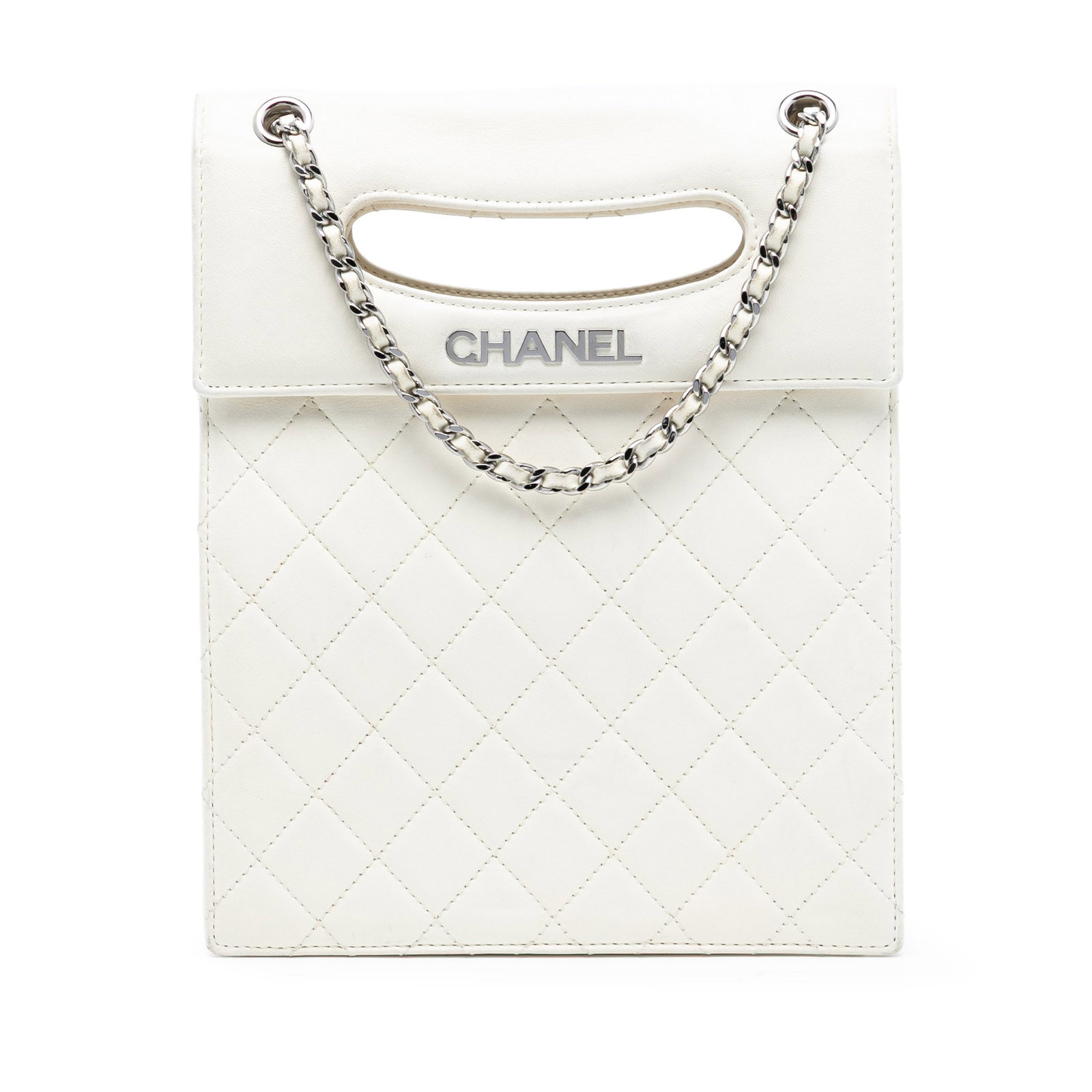 White Chanel Delivery Satchel in Quilted Lambskin with Cutout Handles: White Chanel Delivery Satchel in Quilted Lambskin with Cutout Handles This Chanel satchel features a white quilted lambskin leather exterior with cut-out handles and a woven leather chain strap. The b