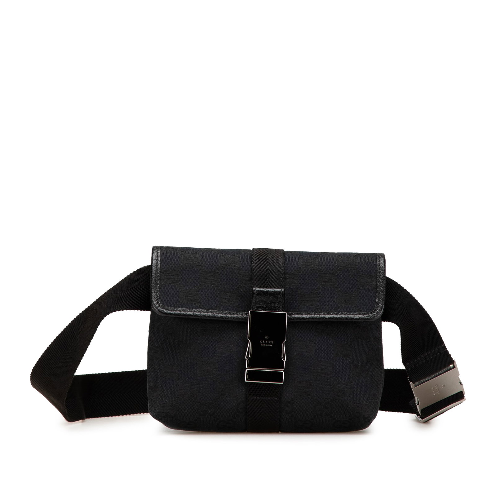 Gucci black canvas GG belt bag with leather trim and adjustable strap: Gucci black canvas GG belt bag with leather trim and adjustable strap This Gucci GG Canvas Belt Bag is crafted with a canvas body and leather trim. It features an adjustable flat waist strap, a flap w