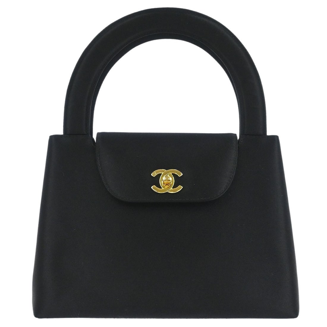 Small Black Satin Chanel Double Handle Handbag with Turnlock Closure: Small Black Satin Chanel Double Handle Handbag with Turnlock Closure This Chanel handbag features a sleek black satin exterior with a small, structured silhouette. Designed for casual occasions, it in