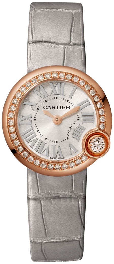 Ballon Bleu B P Ladies Watch Silver Roman Dial Leather Strap Ref WJBL0006 4162: Ballon Bleu B P Ladies Watch Silver Roman Dial Leather Strap Ref WJBL0006 4162 This Cartier Ballon Bleu B/P ladies' watch features a silver Roman numeral dial, a factory diamond-set bezel, and a leath