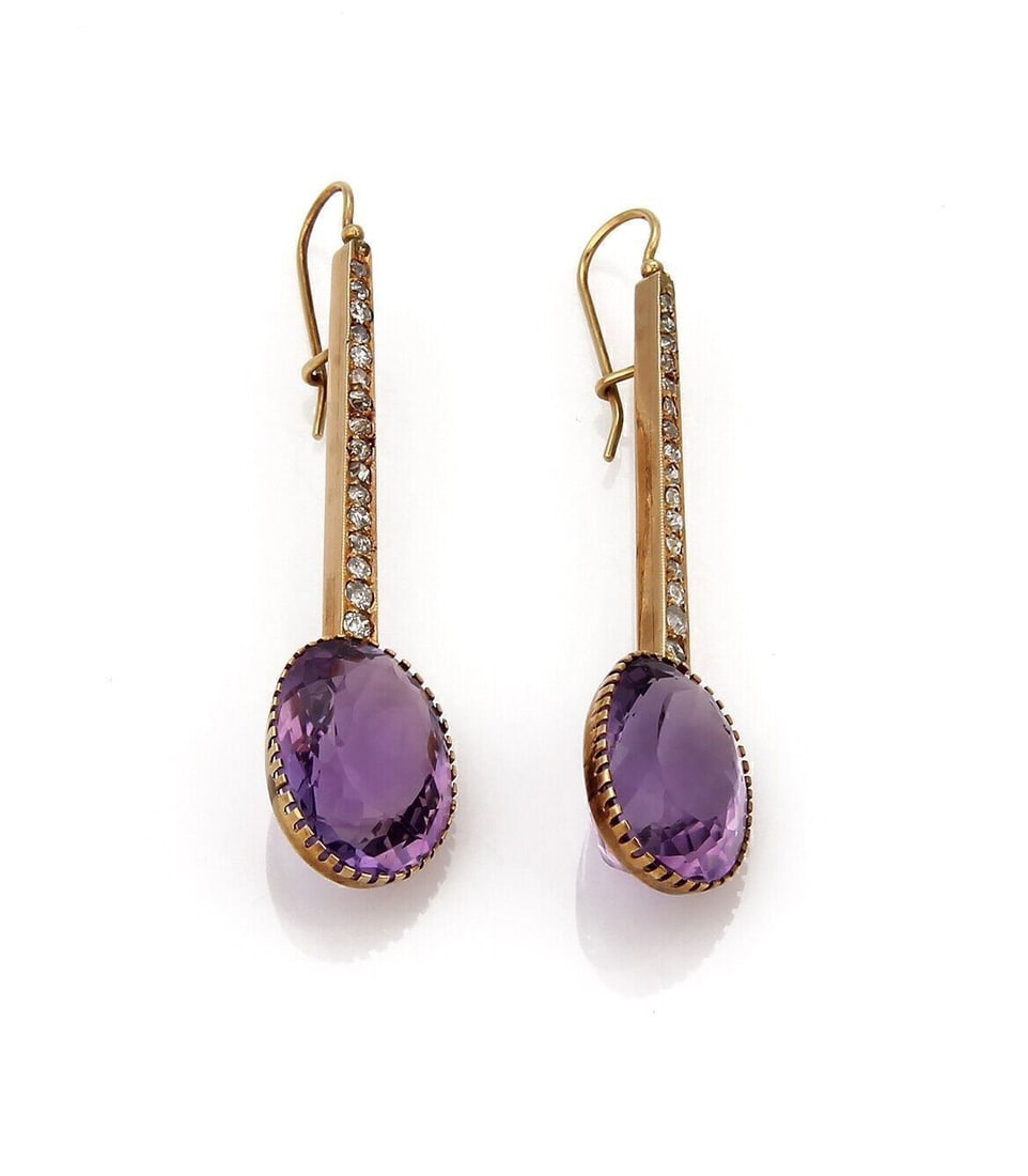 Antique Long Dangle Earrings in 18k Rose and Yellow Gold with Diamonds and Amethyst (1 of 5)