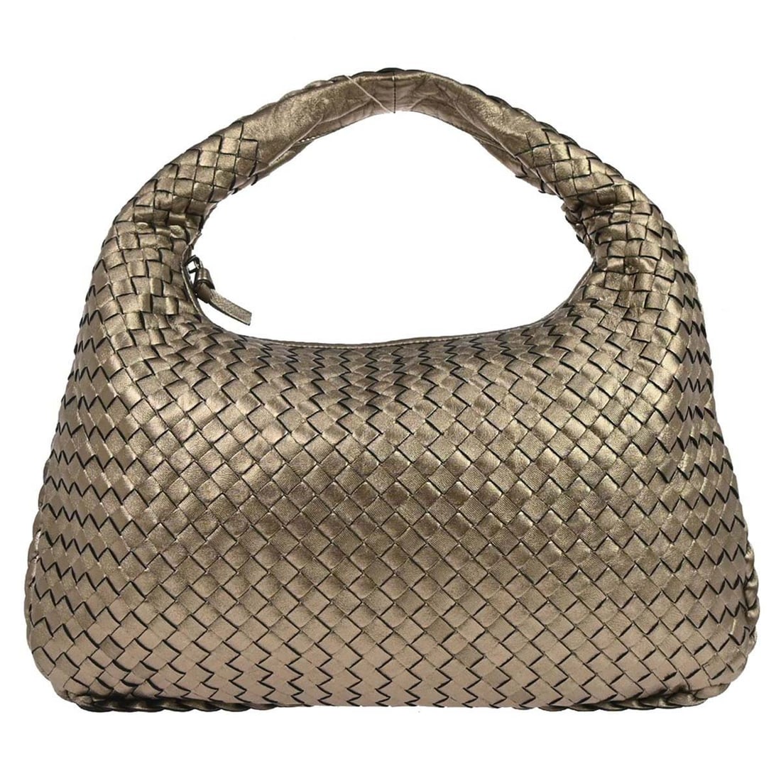 Bottega Veneta Intrecciato Gold Lambskin Medium Top Handle Bag: Bottega Veneta Intrecciato Gold Lambskin Medium Top Handle Bag This Bottega Veneta Intrecciato handbag is crafted in gold lambskin leather and features the brand's signature woven pattern. Designed wi