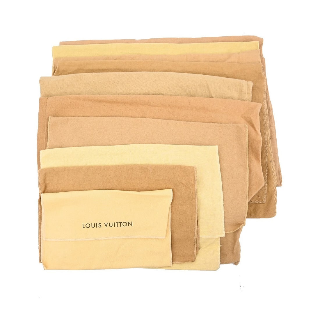 Set of 10 Louis Vuitton Cotton Brown Beige Dustbags: Set of 10 Louis Vuitton Cotton Brown Beige Dustbags This set includes ten Louis Vuitton dust bags, crafted from 100% cotton in brown and beige tones. Designed for unisex use, these dust bags are ideal