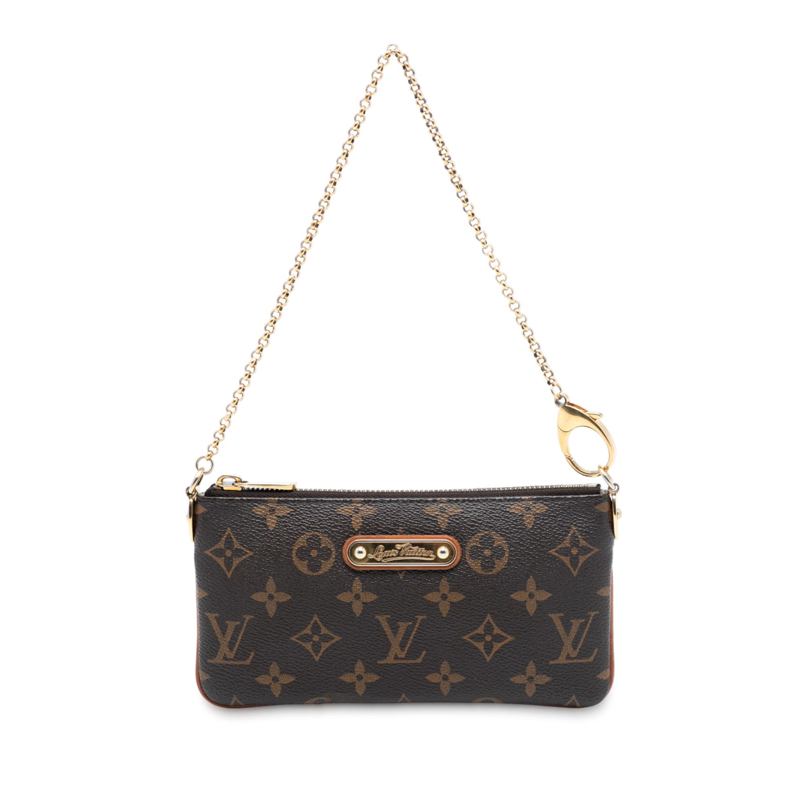 Monogram Canvas Pochette Milla MM by Louis Vuitton with Chain Strap: Monogram Canvas Pochette Milla MM by Louis Vuitton with Chain Strap This Louis Vuitton Monogram Pochette Milla MM features the iconic monogram canvas in brown with a chain-link strap and a top zip clo