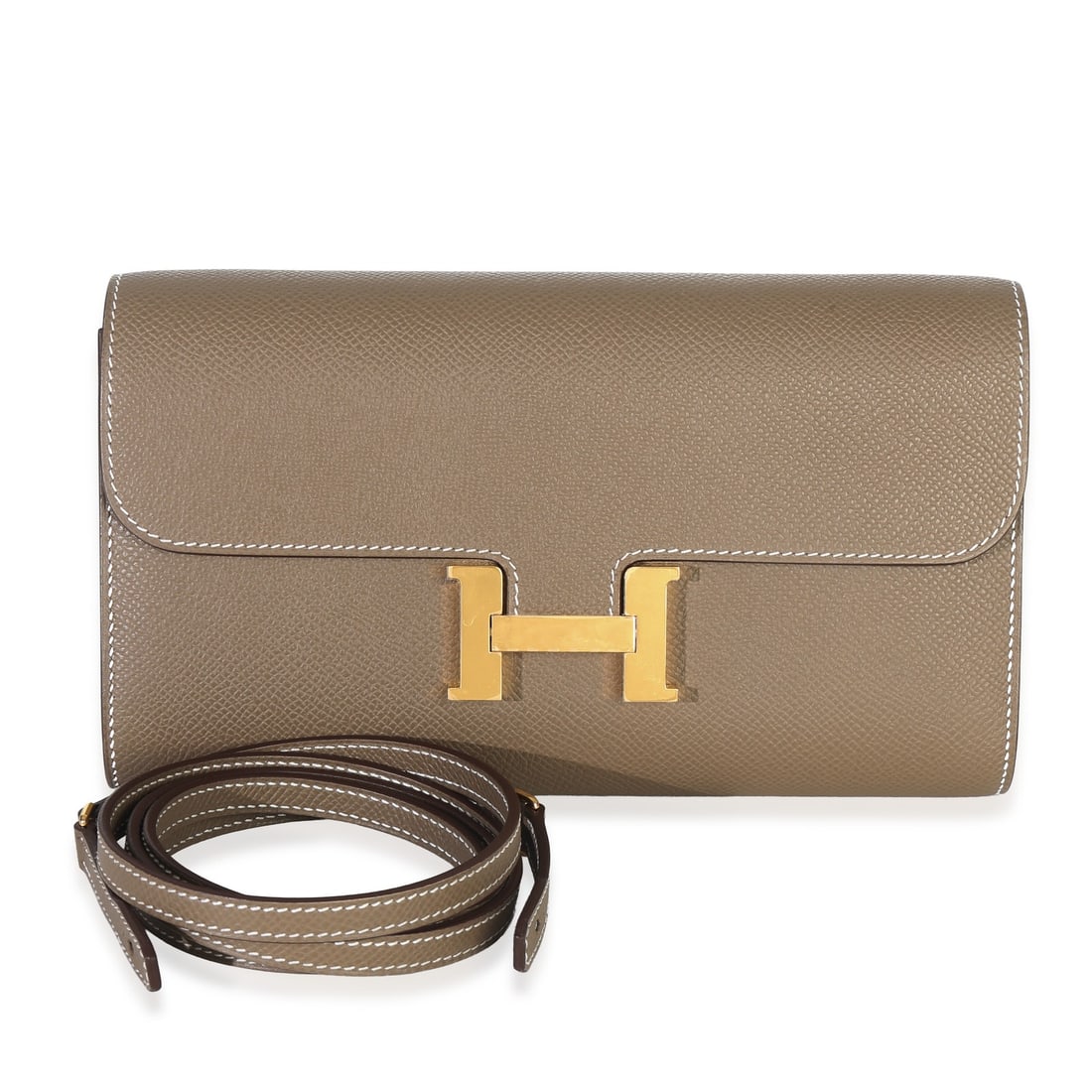 Hermes Constance Wallet To Go in Etoupe Epsom Leather with Gold Hardware: Hermes Constance Wallet To Go in Etoupe Epsom Leather with Gold Hardware This Hermes Constance Wallet To Go features Etoupe Epsom leather in a versatile gray tone, complemented by gold-tone hardware.