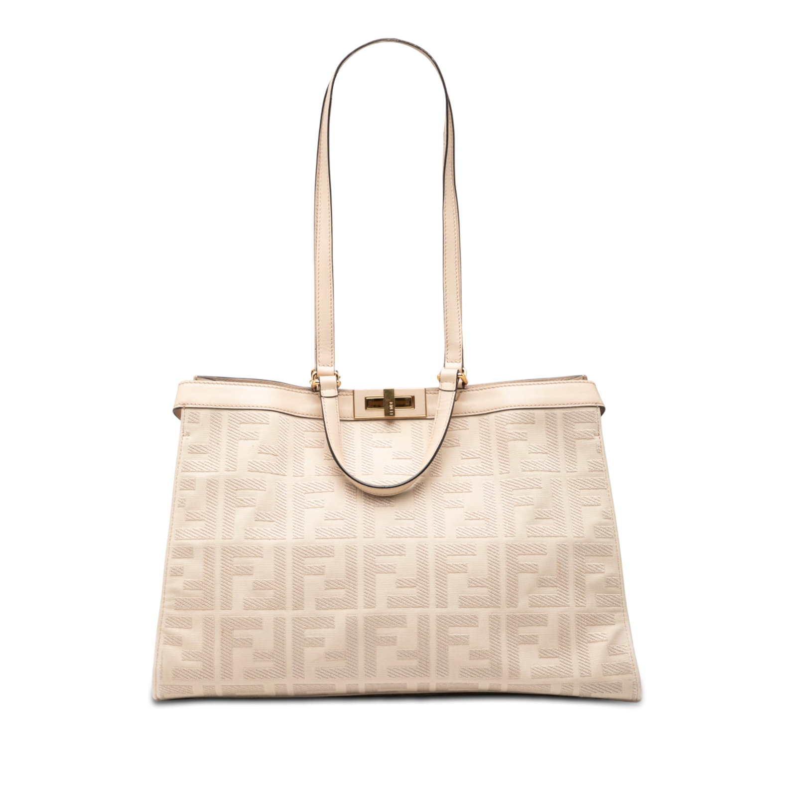 Fendi Peekaboo X Tote Beige Canvas Zucca Embroidery with Leather Trim: Fendi Peekaboo X Tote Beige Canvas Zucca Embroidery with Leather Trim The Fendi Zucca Embroidered Canvas Peekaboo X Tote features an embroidered canvas body with leather trim, flat leather top handles