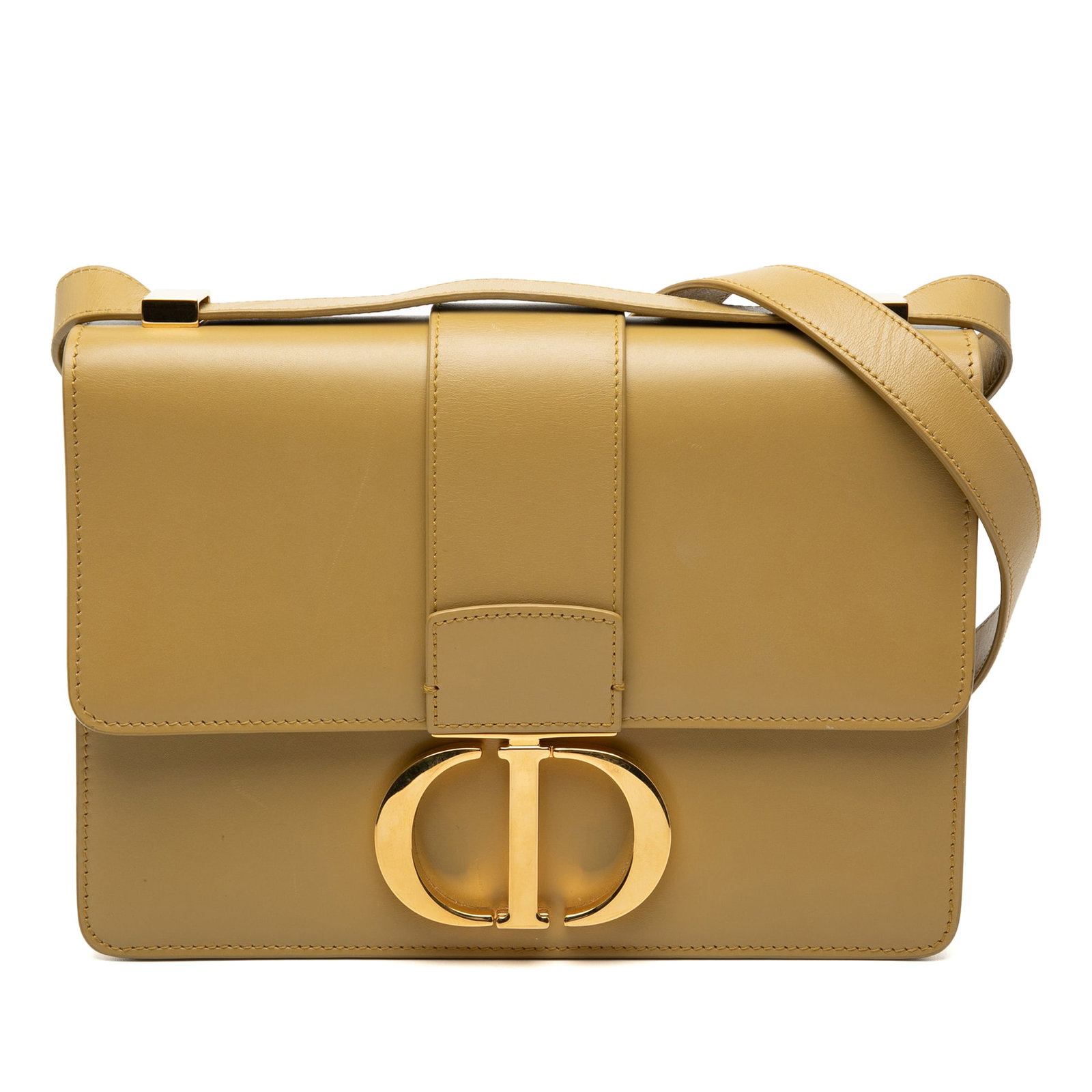 Brown Leather 30 Montaigne Shoulder Bag by Dior with Flap Closure: Brown Leather 30 Montaigne Shoulder Bag by Dior with Flap Closure The Dior 30 Montaigne Flap bag features a brown leather body with a flat leather shoulder strap, a push lock closure, and interior zip