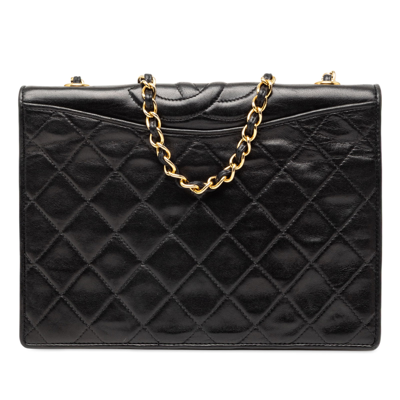 Chanel CC Quilted Black Lambskin Leather Full Flap Crossbody Bag: Chanel CC Quilted Black Lambskin Leather Full Flap Crossbody Bag This Chanel CC Quilted Lambskin Full Flap crossbody bag features a quilted lambskin leather body, a leather-woven chain strap, a front