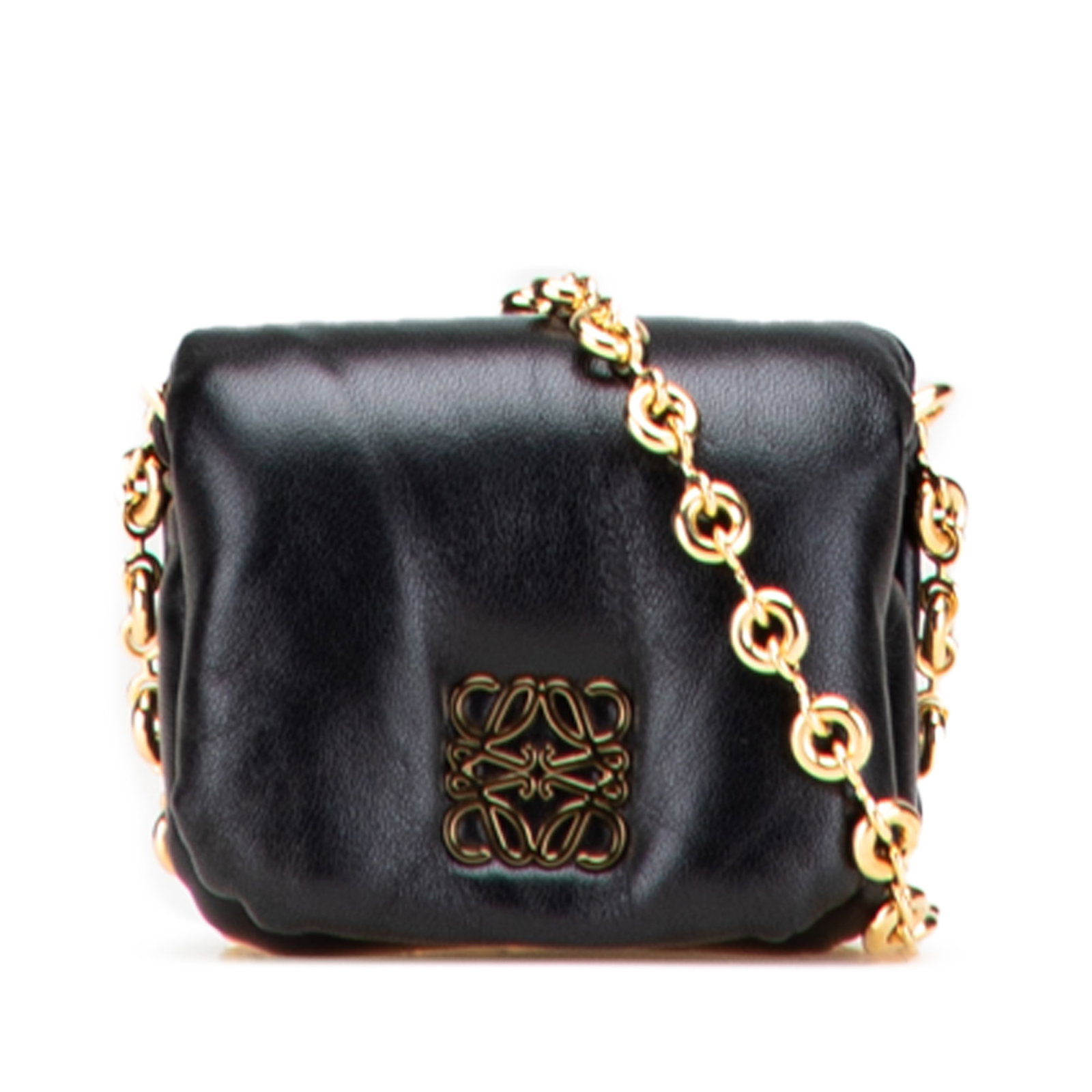 LOEWE Black Shiny Lambskin Goya Puffer Crossbody Bag: LOEWE Black Shiny Lambskin Goya Puffer Crossbody Bag Introducing the LOEWE Shiny Lambskin Goya Puffer Case, a luxurious crossbody bag crafted from premium lambskin leather in an elegant black hue. Thi