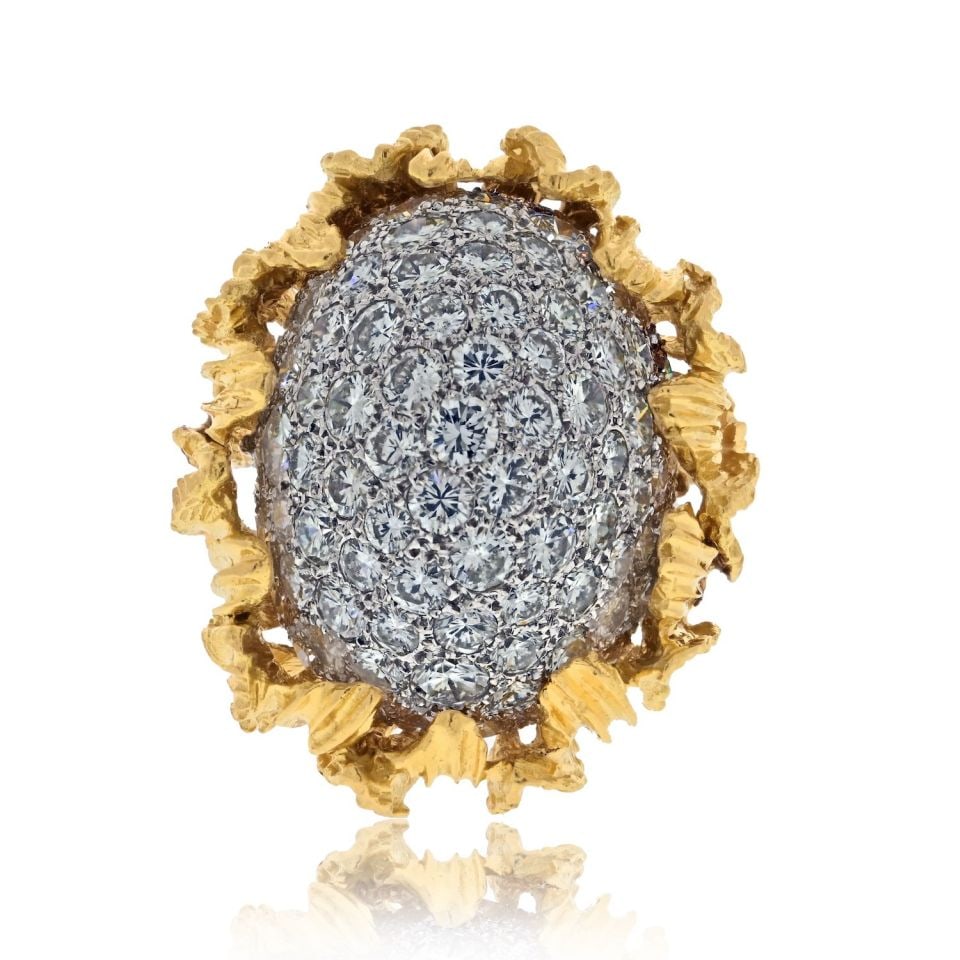 1950s Cocktail Ring Platinum 18K Yellow Gold 8.00ct Diamond Dome: 1950s Cocktail Ring Platinum 18K Yellow Gold 8.00ct Diamond Dome This exquisite 1950's cocktail ring showcases a stunning combination of platinum and 18K yellow gold. The dome design is adorned with a