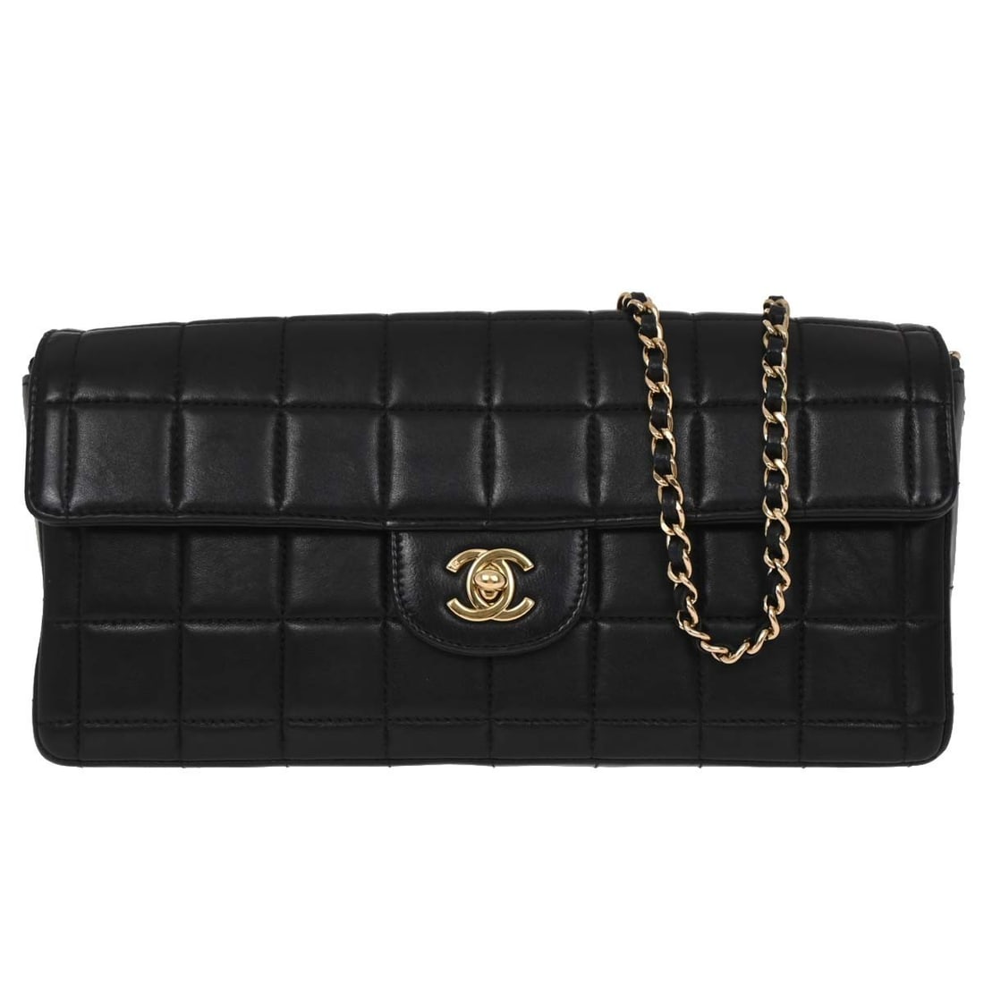 Chanel Chocolate Bar Black Lambskin Single Chain Shoulder Bag Medium: Chanel Chocolate Bar Black Lambskin Single Chain Shoulder Bag Medium This Chanel Black Lambskin East West Choco Bar Shoulder Bag features a medium-sized silhouette crafted from luxurious black lambski