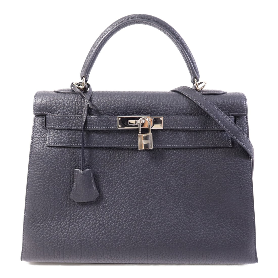 Hermes Kelly 32 Navy Fjord Calfskin Two Way Shoulder Bag with Palladium Hardware: Hermes Kelly 32 Navy Fjord Calfskin Two Way Shoulder Bag with Palladium Hardware This Hermes Kelly 32 is a versatile 2-way shoulder bag crafted from navy Fjord leather, known for its durability and lu
