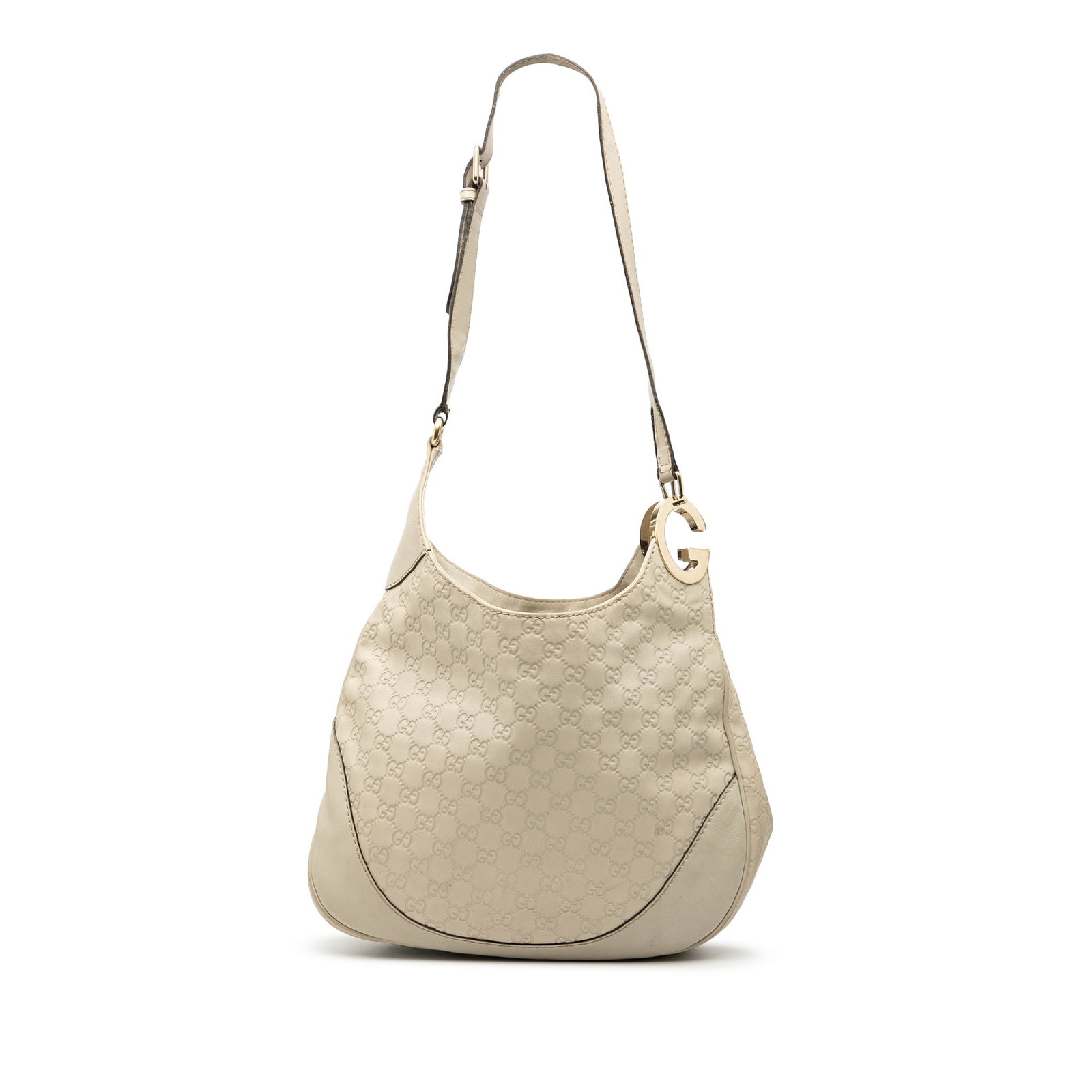 Gucci Guccissima Charlotte White Leather Crossbody Bag with Embossed Design: Gucci Guccissima Charlotte White Leather Crossbody Bag with Embossed Design The Charlotte crossbody bag features an embossed leather exterior in white, an adjustable flat leather strap, an open top wi