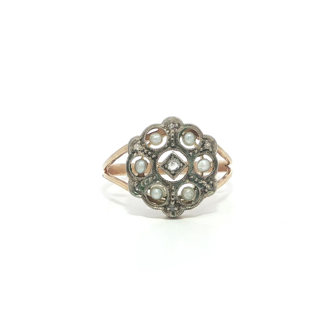 Antique Yellow Gold Ring with Rose Cut Diamonds and Seed Pearl Cluster (1 of 7)