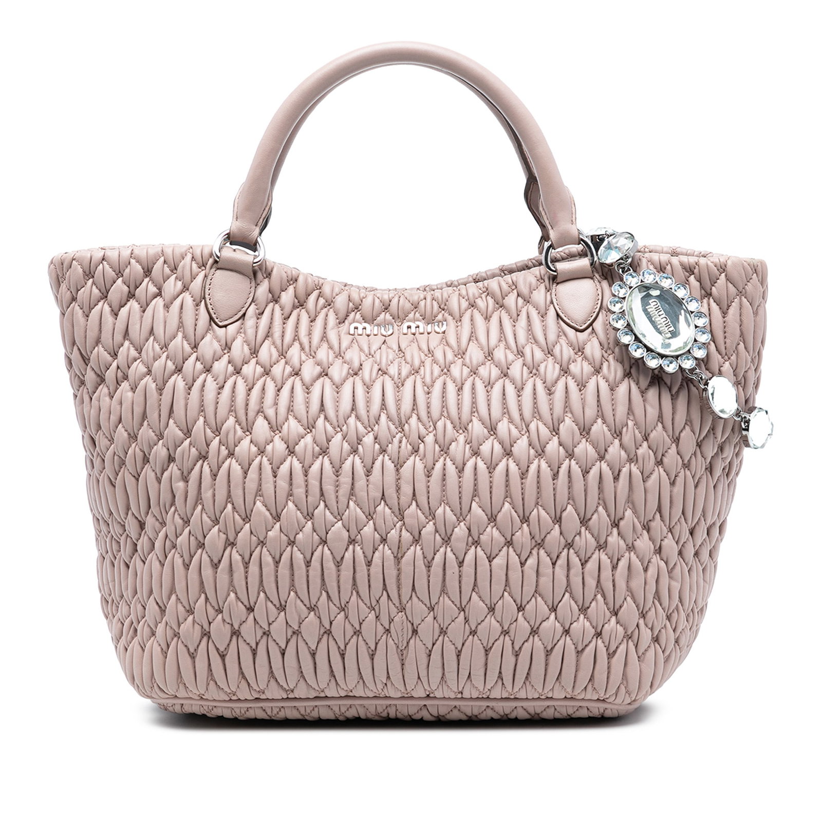Pink Miu Miu Matelasse Quilted Nappa Leather Satchel with Crystals: Pink Miu Miu Matelasse Quilted Nappa Leather Satchel with Crystals This Miu Miu Matelasse Nappa Crystal Satchel features a quilted nappa leather design in pink, with rolled leather handles and a detac