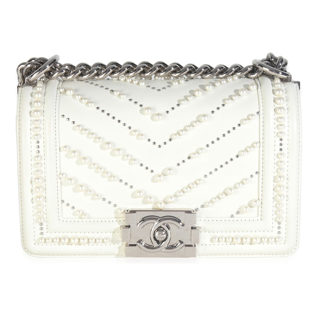 Chanel White Calfskin Pearl Chevron Small Boy Bag with Authenticity Card (1 of 9)