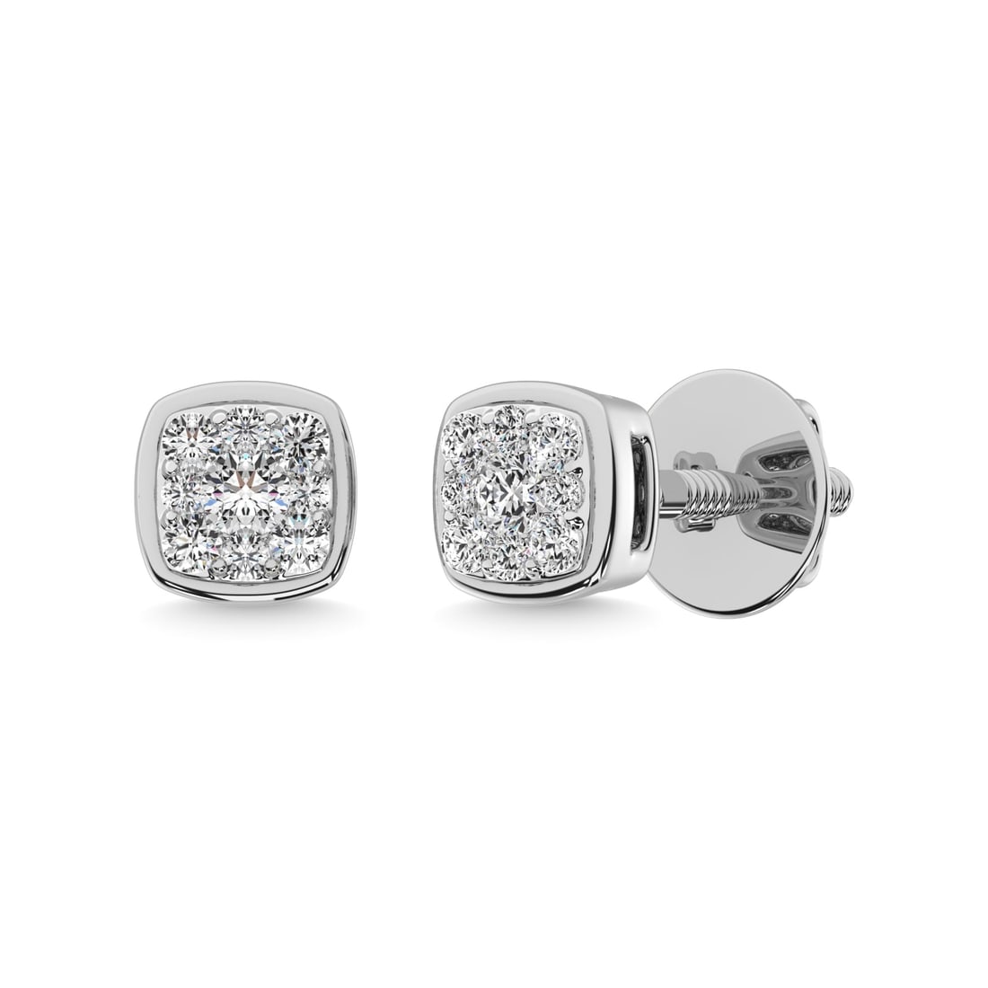 14K White Gold 1/5 Ct.tw Diamond Square Flower Earrings: 14K White Gold 1/5 Ct.tw Diamond Square Flower Earrings These amazing earrings are available in 14K White Gold. There are 18 round diamonds with a total carat weight of 1/5 Ct.Tw. set in a invisible /