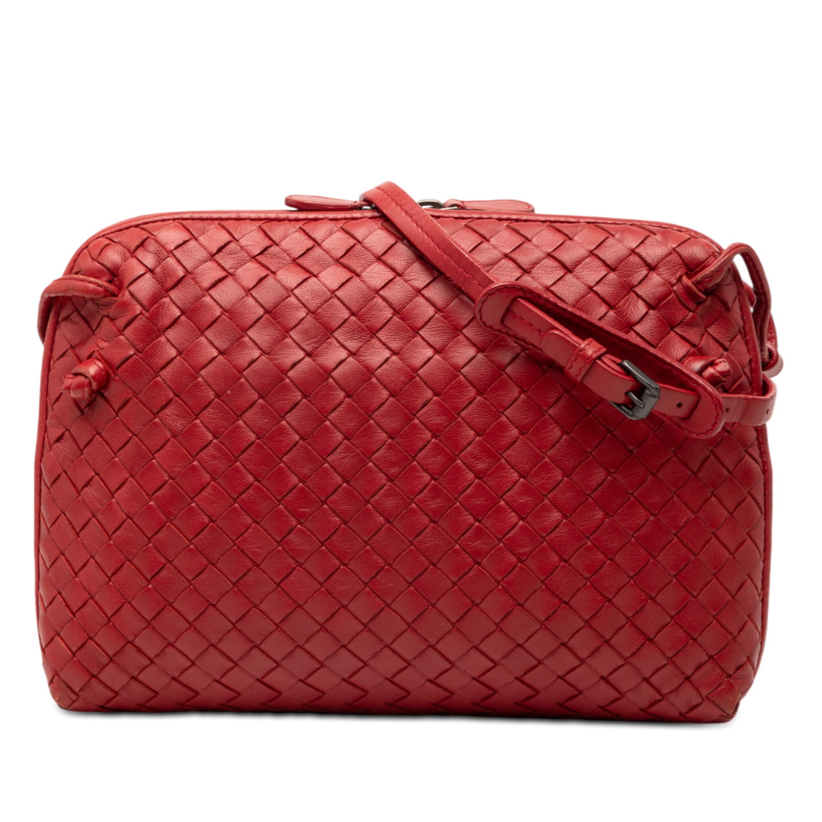 Red Intrecciato Nodini Leather Crossbody Bag by Bottega Veneta: Red Intrecciato Nodini Leather Crossbody Bag by Bottega Veneta This Bottega Veneta Nappa Intrecciato Nodini Crossbody showcases the brand's signature woven leather design in a vibrant red color. It fe