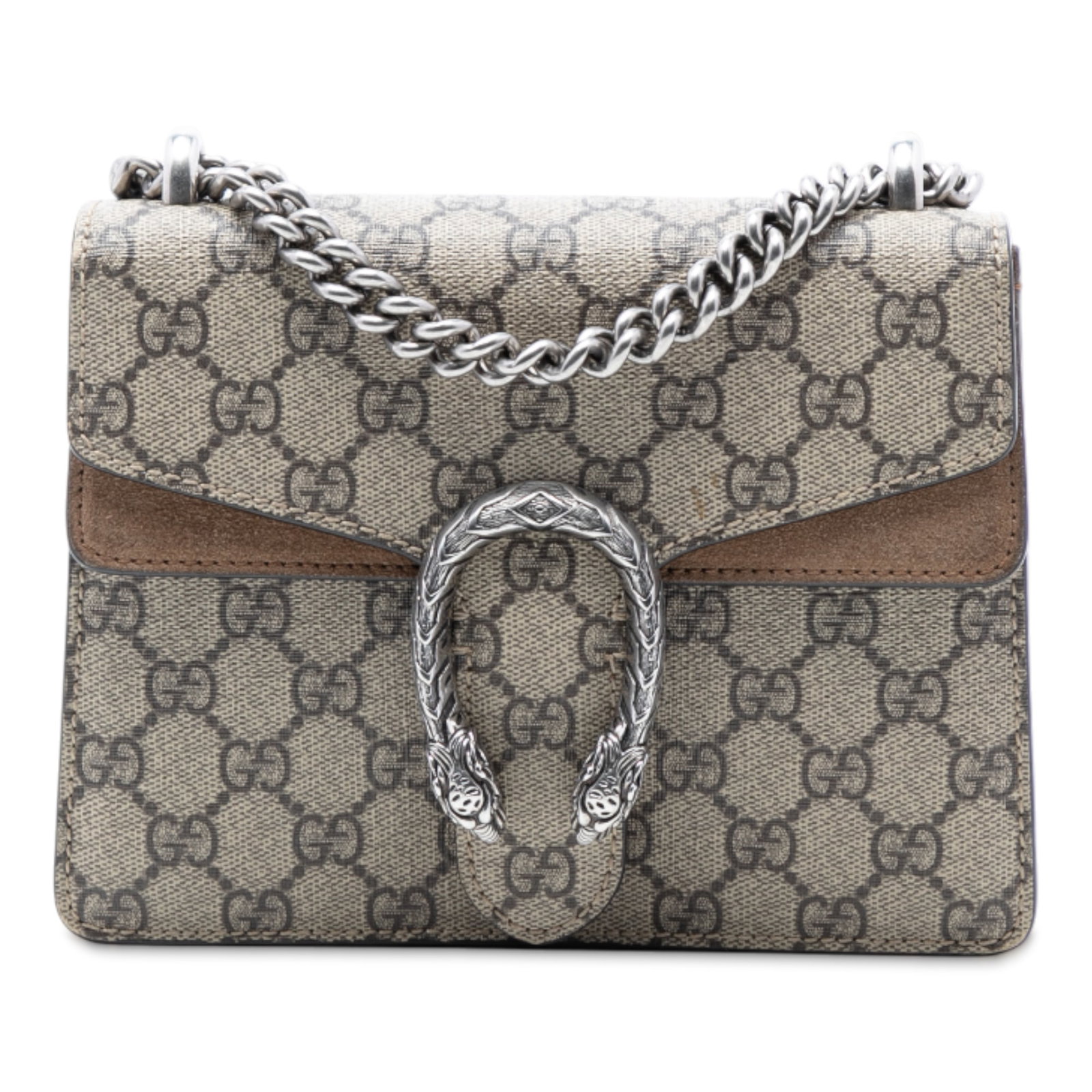 Gucci Dionysus Small GG Supreme Canvas Crossbody Bag with Suede Trim: Gucci Dionysus Small GG Supreme Canvas Crossbody Bag with Suede Trim This Gucci Small GG Supreme Dionysus Crossbody bag features a coated canvas body with suede leather trim, a chain link shoulder str
