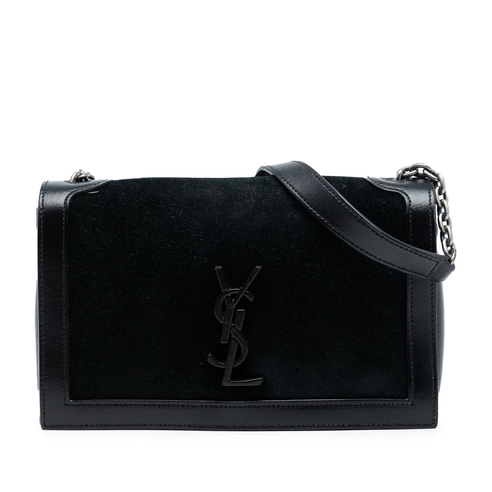 Black Suede Monogram Book Bag by Saint Laurent with Chain Strap: Black Suede Monogram Book Bag by Saint Laurent with Chain Strap This Saint Laurent Suede Monogram Book Bag features a black suede body with leather trim, a chain strap with a leather guard, a top flap