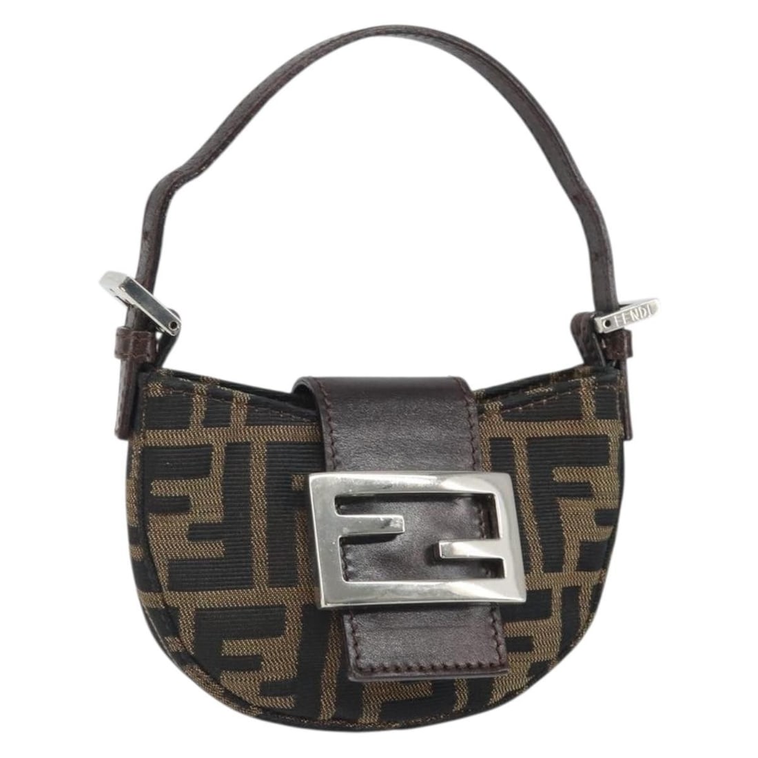 Fendi Mini Croissant Zucca Canvas Handbag Black Brown Silver with Dust Bag: Fendi Mini Croissant Zucca Canvas Handbag Black Brown Silver with Dust Bag This FENDI Zucca Canvas Mini Croissant handbag features a stylish black, brown, and silver color scheme with signature Zucca