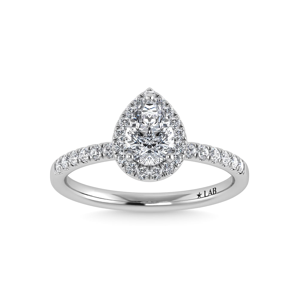 14K White Gold Lab Grown Diamond 2 1/3 Ct.Tw. Pear Shape Halo Engagement Ring (IGI Certified: 14K White Gold Lab Grown Diamond 2 1/3 Ct.Tw. Pear Shape Halo Engagement Ring (IGI Certified Center 2ct) Celebrate your forever moment with the timeless brilliance of our Halo Diamond Engagement Ring.