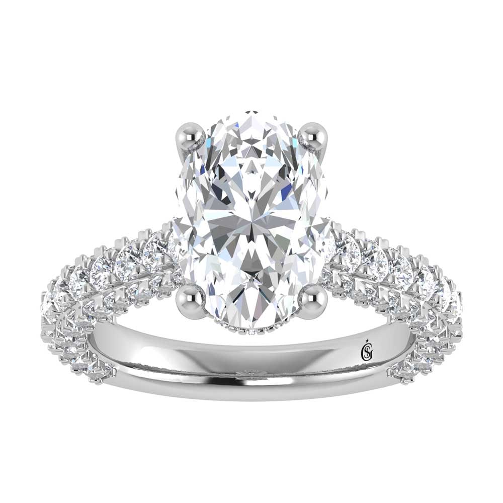 14K White Gold Lab Grown Diamond 4 1/5 Ct.Tw. Oval Shape Engagement Ring (IGI Certified Center 3ct): 14K White Gold Lab Grown Diamond 4 1/5 Ct.Tw. Oval Shape Engagement Ring (IGI Certified Center 3ct) Discover subtle brilliance and modern elegance with our Hidden Halo Diamond Engagement Ring. This el