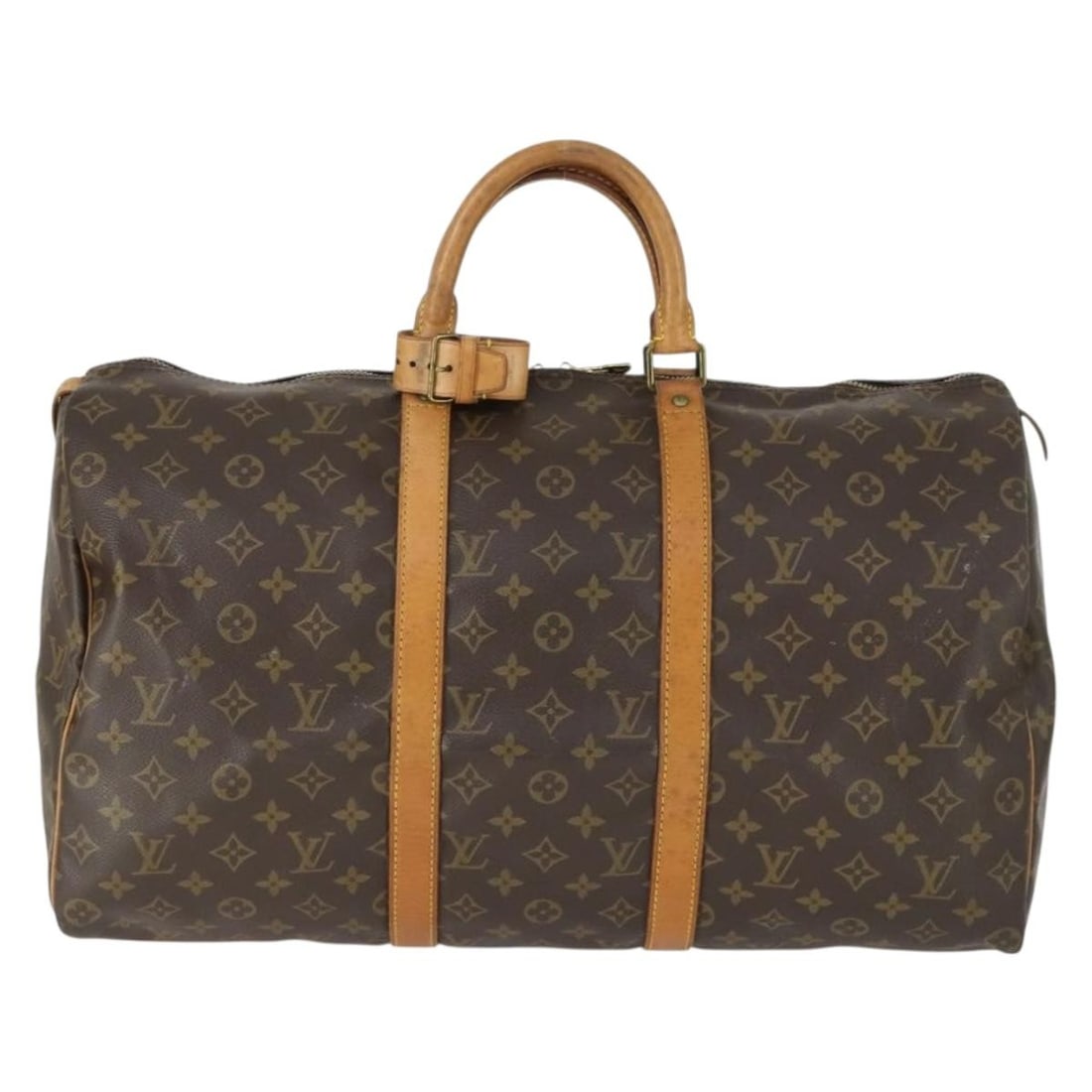 Brown Canvas Keepall Travel Bag by Louis Vuitton Unisex 50cm: Brown Canvas Keepall Travel Bag by Louis Vuitton Unisex 50cm This Louis Vuitton Keepall Bag features the iconic monogram canvas in brown, designed for unisex use. The bag shows signs of wear, includin