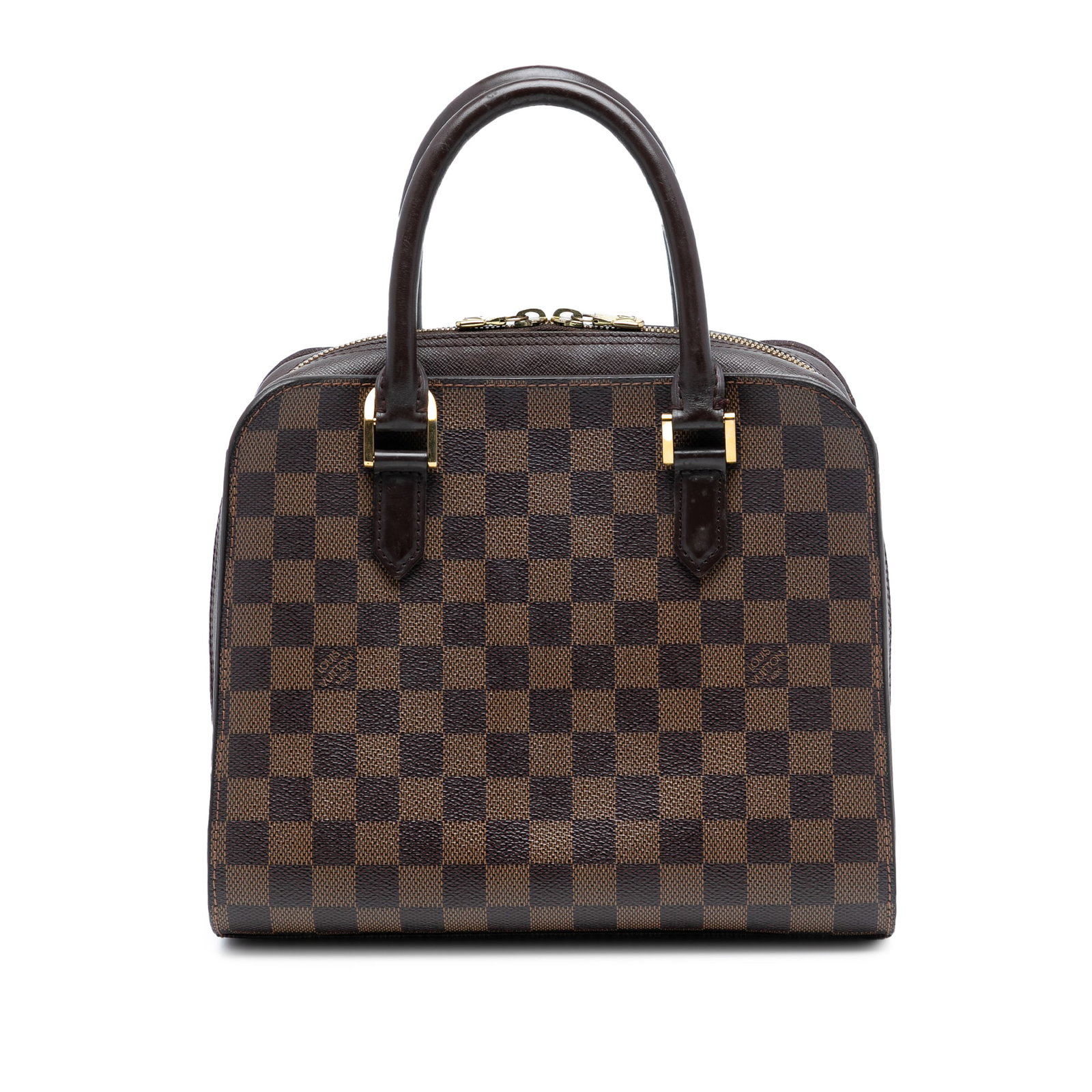 Louis Vuitton Damier Ebene Triana Brown Canvas Handbag with Leather Trim: Louis Vuitton Damier Ebene Triana Brown Canvas Handbag with Leather Trim The Louis Vuitton Damier Ebene Triana is crafted from signature Damier Ebene canvas with leather trim and rolled leather handle