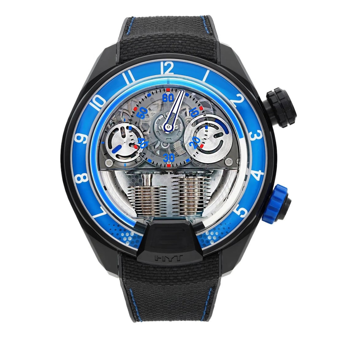 HYT H2 Neo 2 Limited Edition 51mm Titanium Watch with Blue Bezel: HYT H2 Neo 2 Limited Edition 51mm Titanium Watch with Blue Bezel Discover the HYT H2 Neo 2, a luxurious wristwatch that blends cutting-edge technology with exquisite design. This limited edition timep