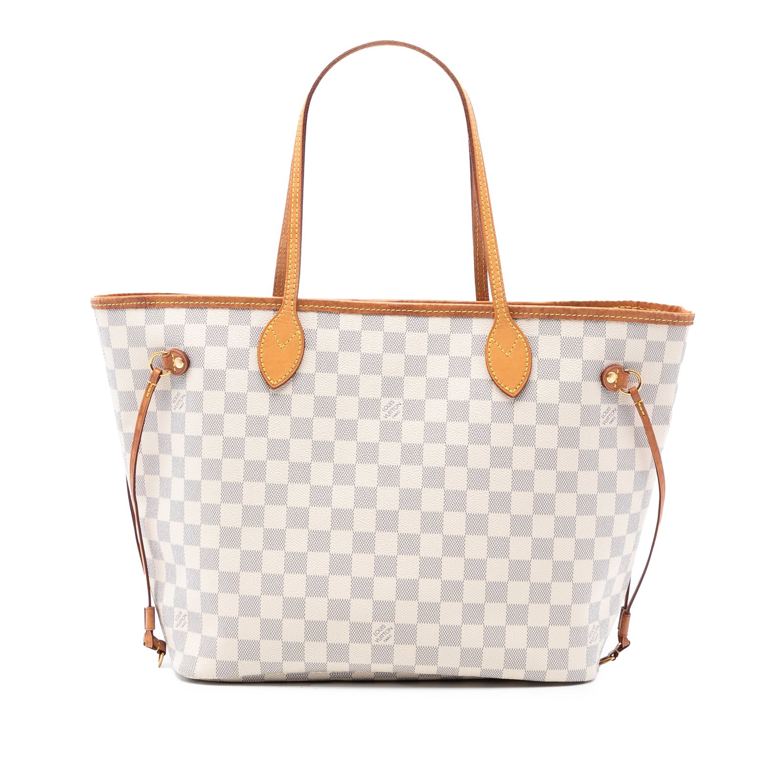 Neverfull MM Tote in Damier Azur Canvas with Vachetta Leather Handles: Neverfull MM Tote in Damier Azur Canvas with Vachetta Leather Handles The Louis Vuitton Damier Azur Neverfull MM features a damier canvas body with flat vachetta leather handles and an open top secure