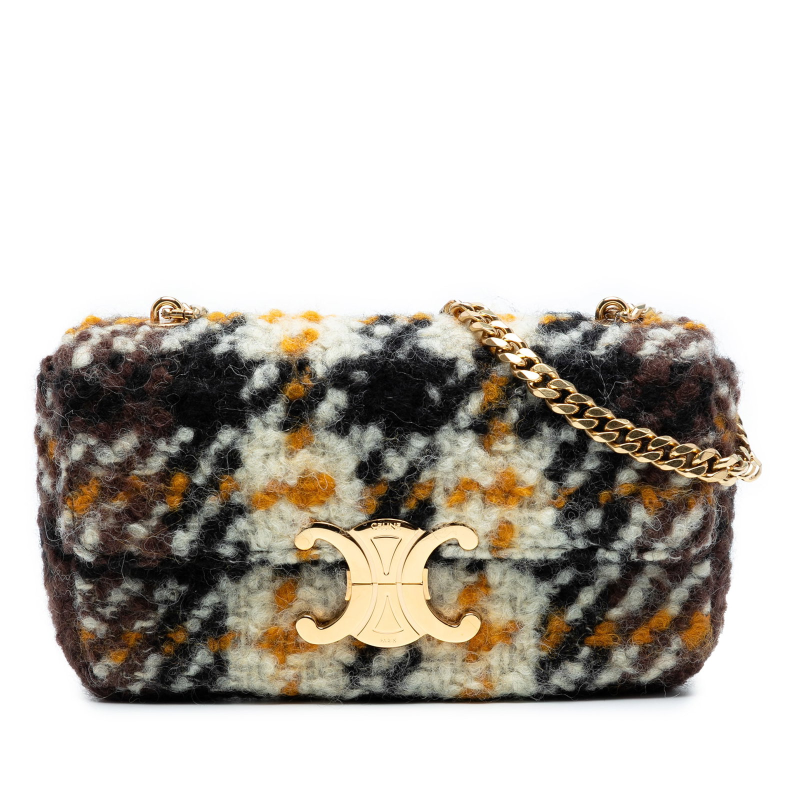 Celine Wool Triomphe Chain Shoulder Bag Black Italy: Celine Wool Triomphe Chain Shoulder Bag Black Italy Elevate your accessory collection with the Celine Wool Triomphe Chain Shoulder Bag. This stylish shoulder bag features a luxurious wool body complem