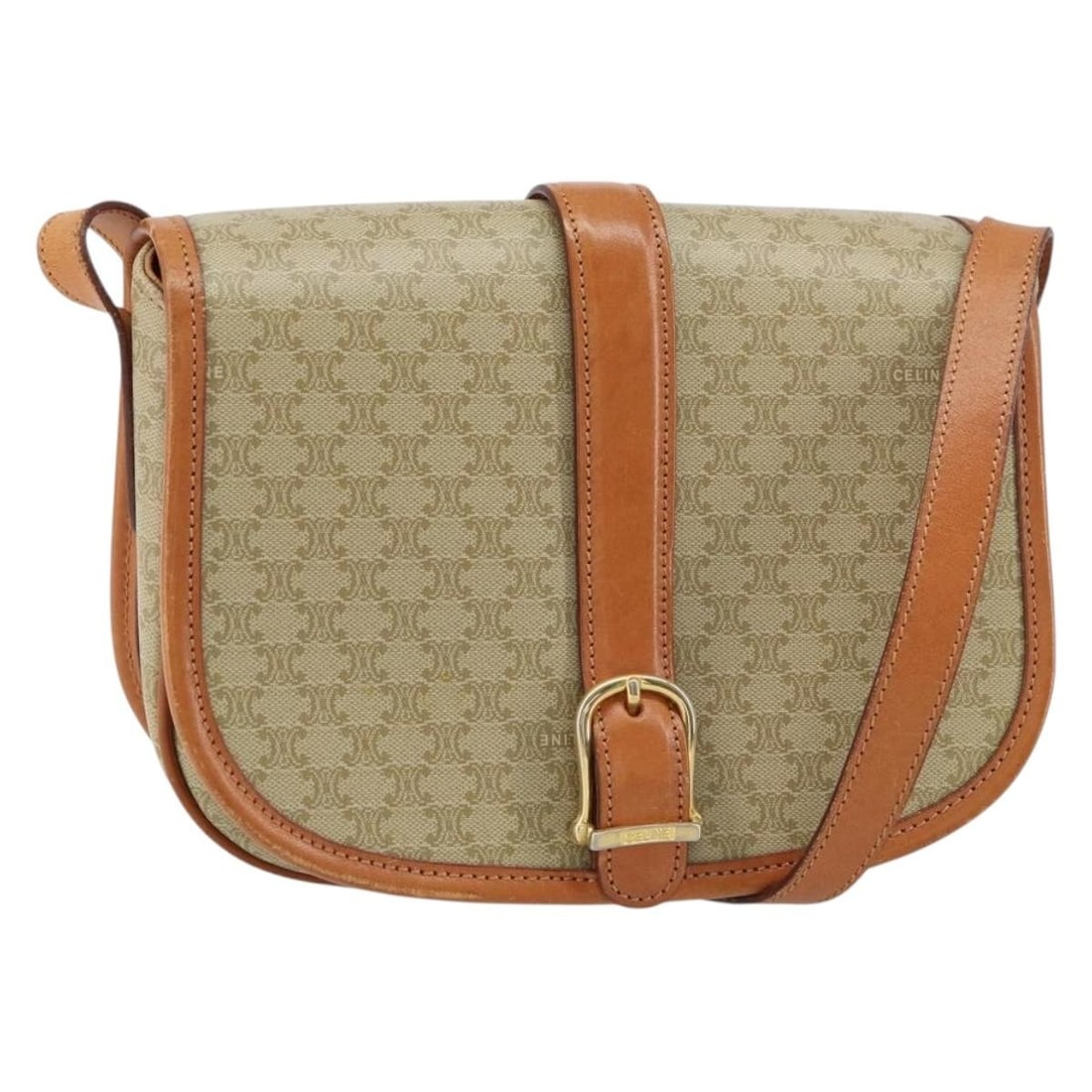Vintage Celine Macadam Canvas and Leather Shoulder Bag: Vintage Celine Macadam Canvas and Leather Shoulder Bag This vintage Celine Macadam shoulder bag for women features a beige canvas body complemented by leather accents. The bag has a compact design wit
