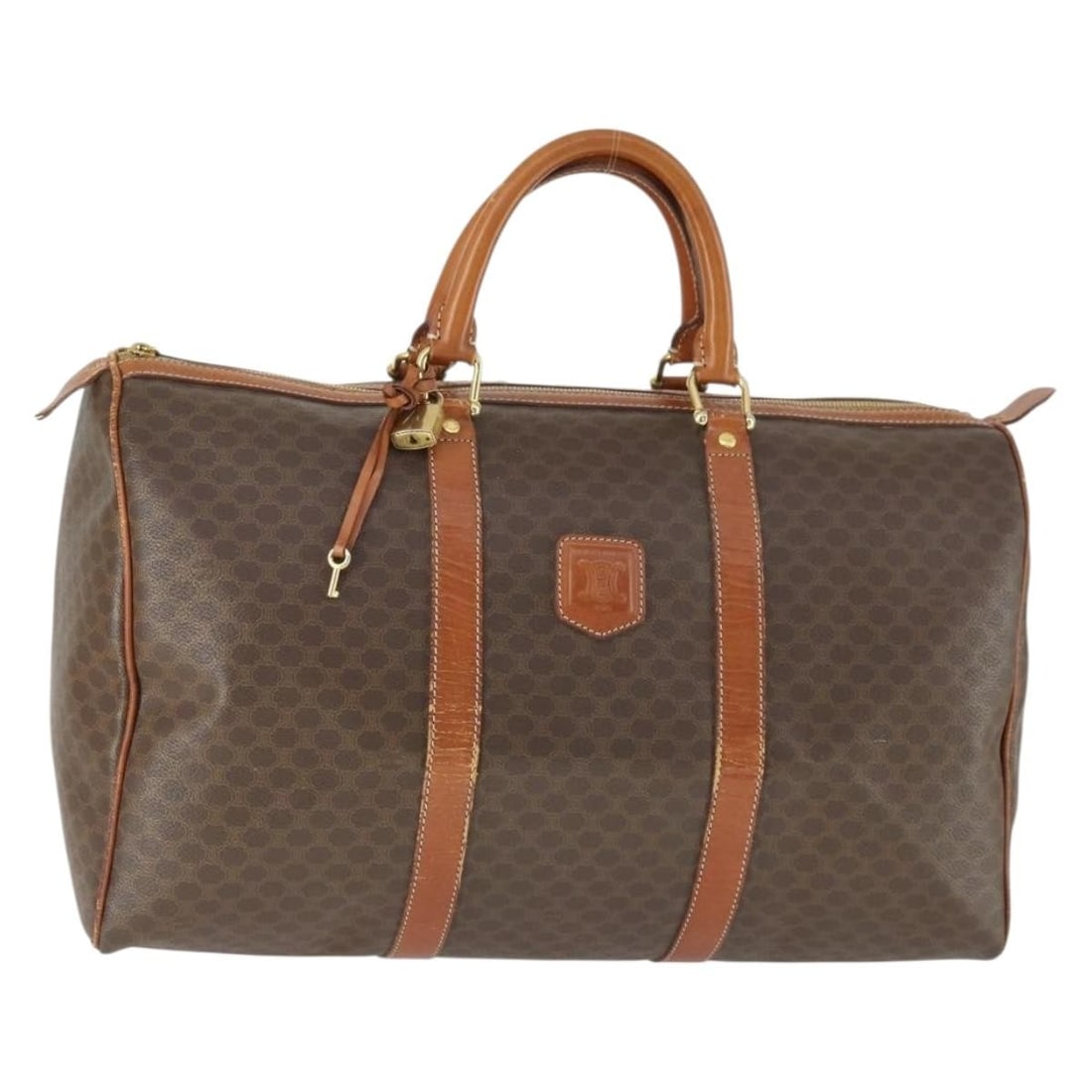 CELINE Boston Bag Macadam Canvas Brown PVC Leather Gold Tone Details: CELINE Boston Bag Macadam Canvas Brown PVC Leather Gold Tone Details This CELINE Boston bag features the iconic Macadam canvas with PVC leather accents in brown and gold tones. Made in Italy, it offer