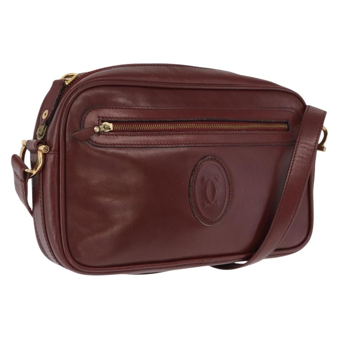 Cartier Bordeaux Leather Shoulder Bag Gold Tone Hardware: Cartier Bordeaux Leather Shoulder Bag Gold Tone Hardware This is a Cartier shoulder bag crafted from bordeaux leather with gold-tone accents. The bag features a structured silhouette with a top flap c