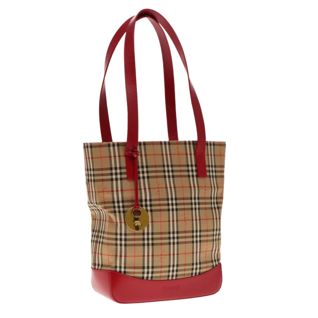 Burberrys Nova Check Beige Canvas Shoulder Bag with Leather Trim Red Silver: Burberrys Nova Check Beige Canvas Shoulder Bag with Leather Trim Red Silver This Burberrys Nova Check shoulder bag features a beige, red, and silver color scheme crafted from canvas with leather accen