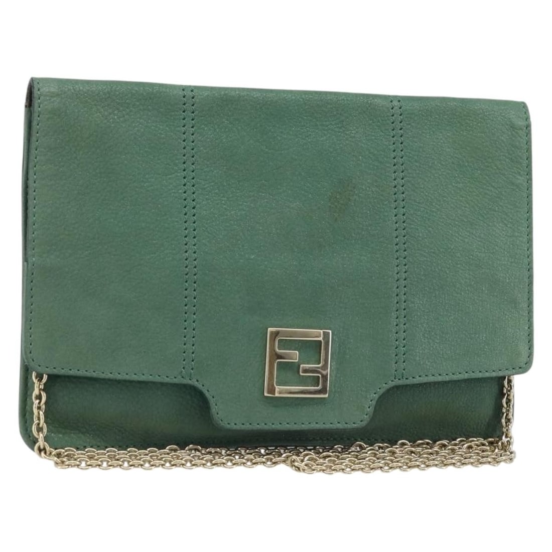 Green Leather Fendi Shoulder Bag with Gold Chain Strap: Green Leather Fendi Shoulder Bag with Gold Chain Strap This Fendi chain shoulder bag for women is crafted from green and gold leather. The bag features a shoulder strap with a 22.4-inch (57 cm) drop.