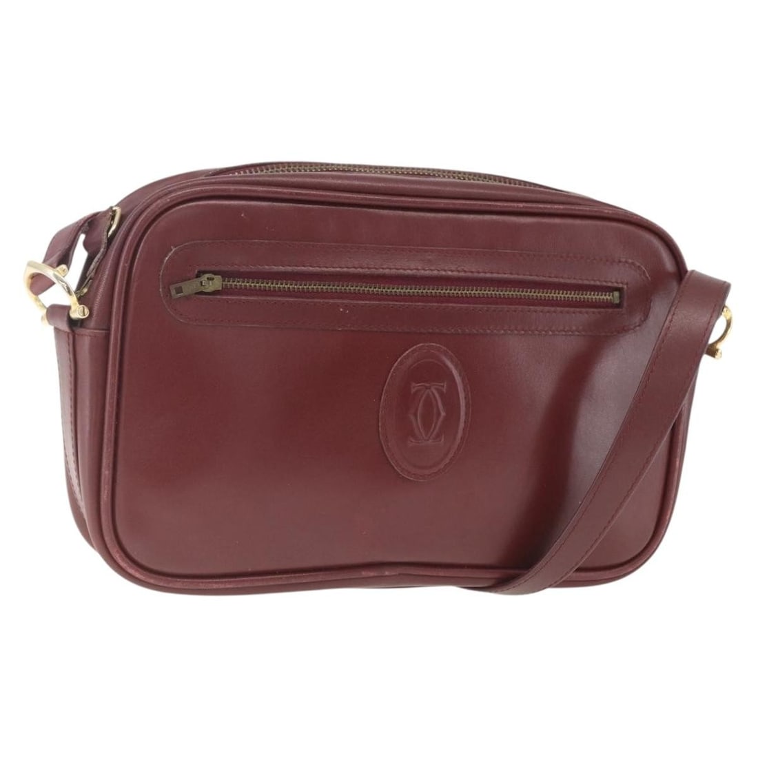 Cartier Bordeaux Leather Shoulder Bag Gold Tone Accents for Women: Cartier Bordeaux Leather Shoulder Bag Gold Tone Accents for Women This women's shoulder bag from Cartier features a Bordeaux leather exterior with gold-tone accents. The bag offers a structured design